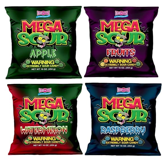 Barnetts Mega Sour Candy 4 Pack Handmade British Sweets Raspberry, Apple, Watermelon & Fruits Party or Gift Treat (454g x 4)