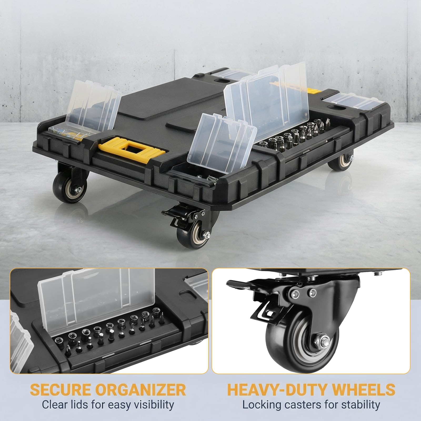 Cassetta Attrezzi 4 Livelli, Sistema Modulare Impilabile con Ruote, Cassetti, Cassetta Degli Attrezzi Mobile per Officina, Garage e Casa, 44,5 x 35 x 52 cm