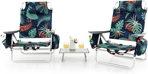 Tangkula Silla de Playa con Mochila con Mesa, Sillas Reclinables de 5 Posiciones con Bolsa Refrigeradora, 2 Portavasos, Barra para Toallas, Silla