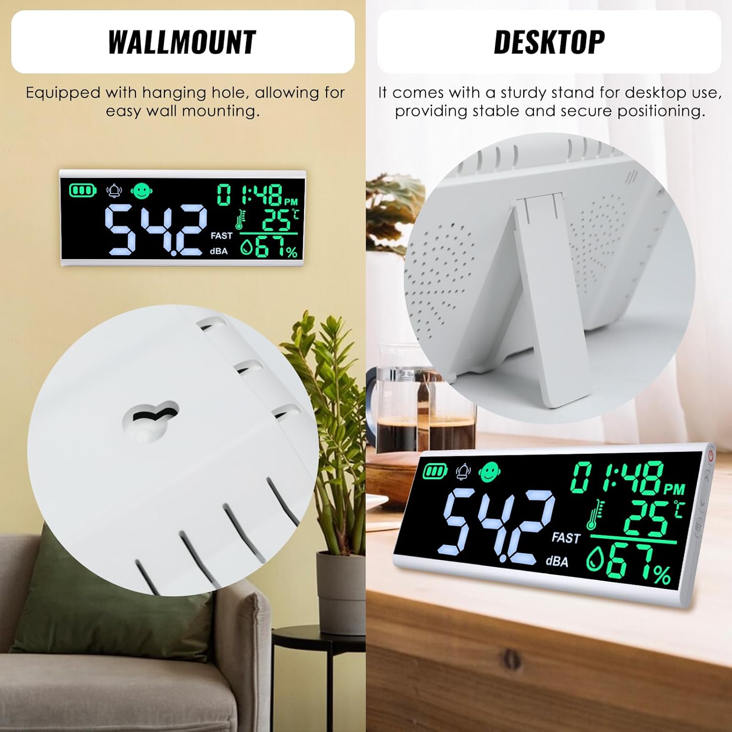 Decibel Meter 13 inches 30~130dB Sound Level Meter, Large LCD Display Wall Hanging Sound Gauge, Noise Level Detector, Decibel Monitoring Device, Time, Temperature, Humidity for Studio Classroom Home