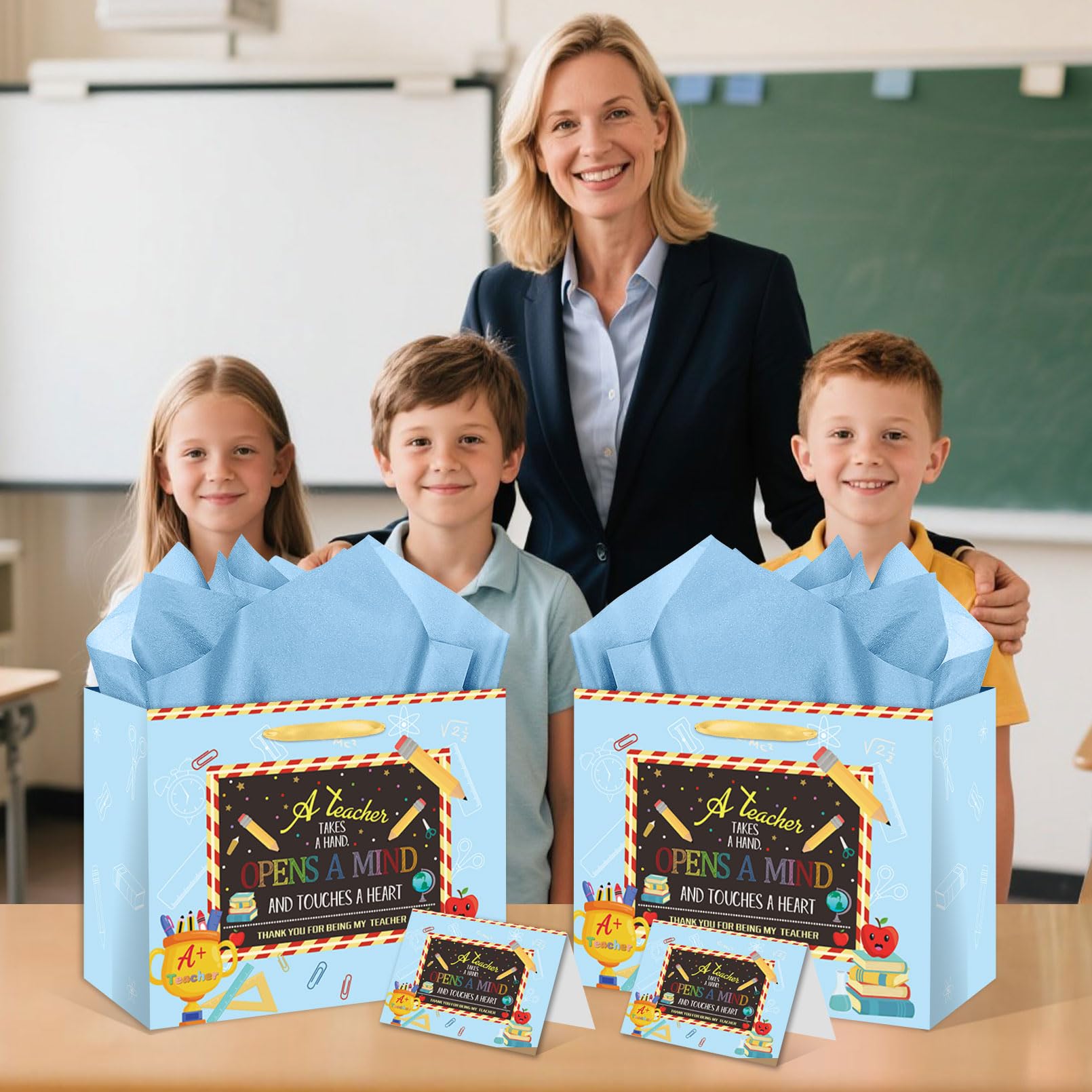 HSKMAKE Teacher Appreciation Gift Bags Blue Thank You Teacher Gift Set With Greeting Card, Envelope & Tissue Large Paper Bag for Educators, Graduation, Retirement Supplies