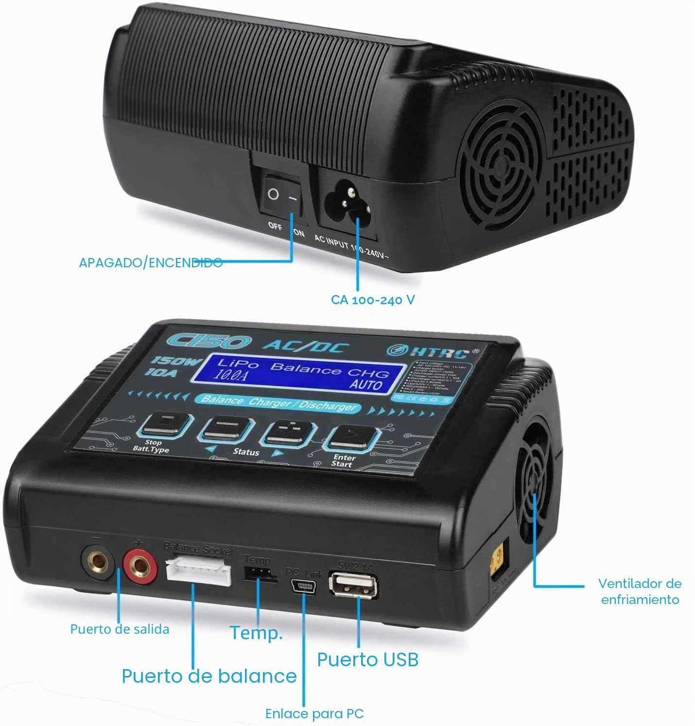 YUNIQUE GREEN-CLEAN-POWER - Cargador y Descargador Equilibrado HTRC C150 LiPo 150W 10A 1-6S AC/DC | Compatible con Baterías de Helicóptero, Drones DJI Mini 2 y Más | Alta Potencia, Negro