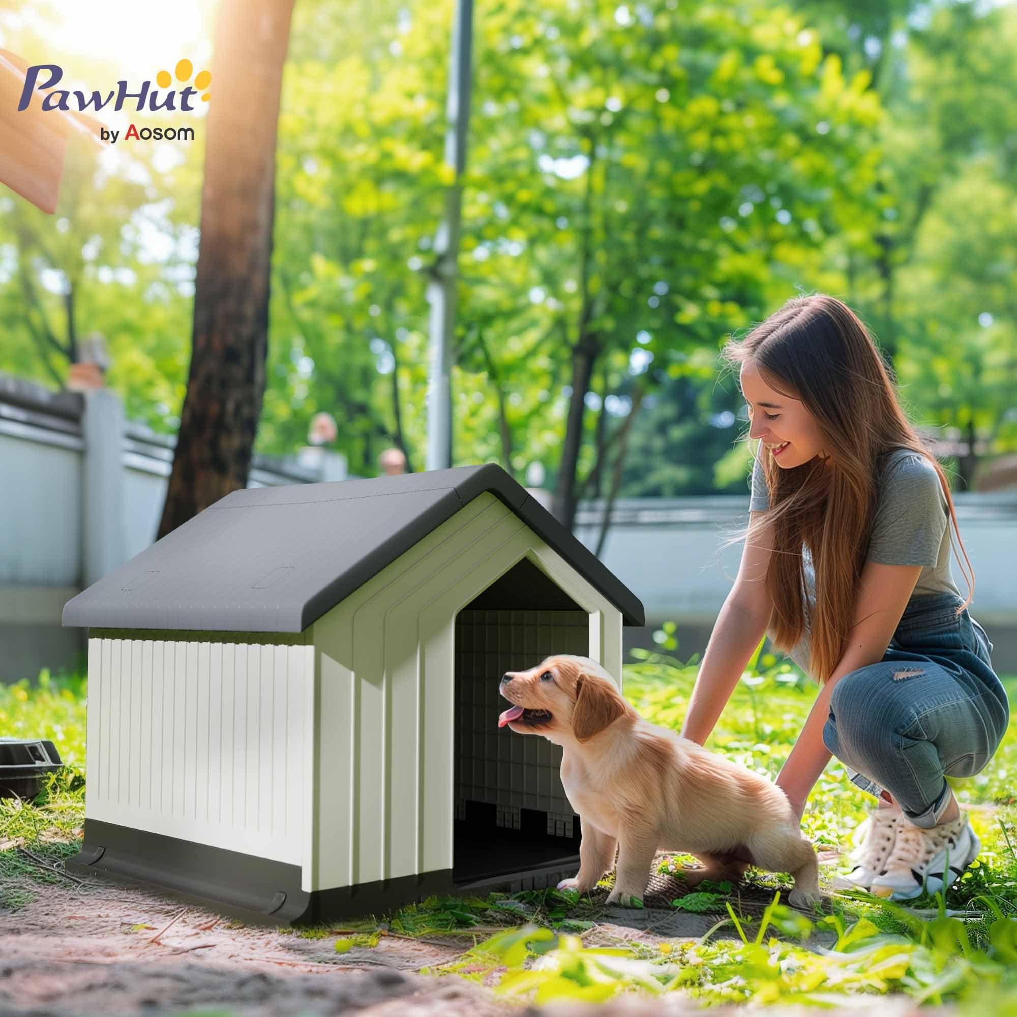 PawHut Casetta per Cani da Esterno Impermeabile Porta 62x61x60 cm Grigio | Cuccia per Cani Piccoli e Mini fino a 10 kg, con Finestra, Facile da Montare