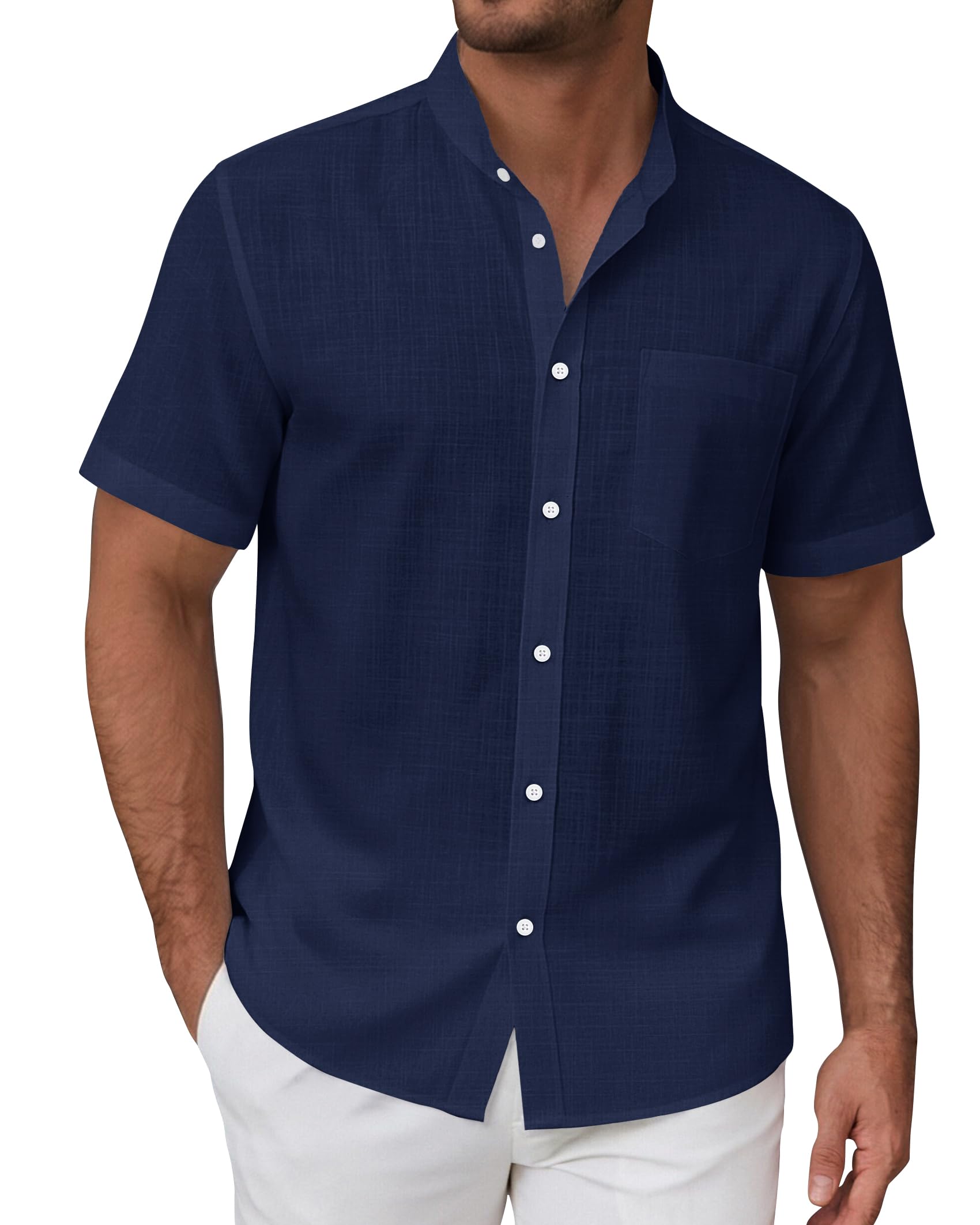 siliteelon Leinenhemd Herren Kurzarm Stehkragen Sommerhemd Freizeithemd Regular Fit Kragenloses Leinenshirt Standhemd