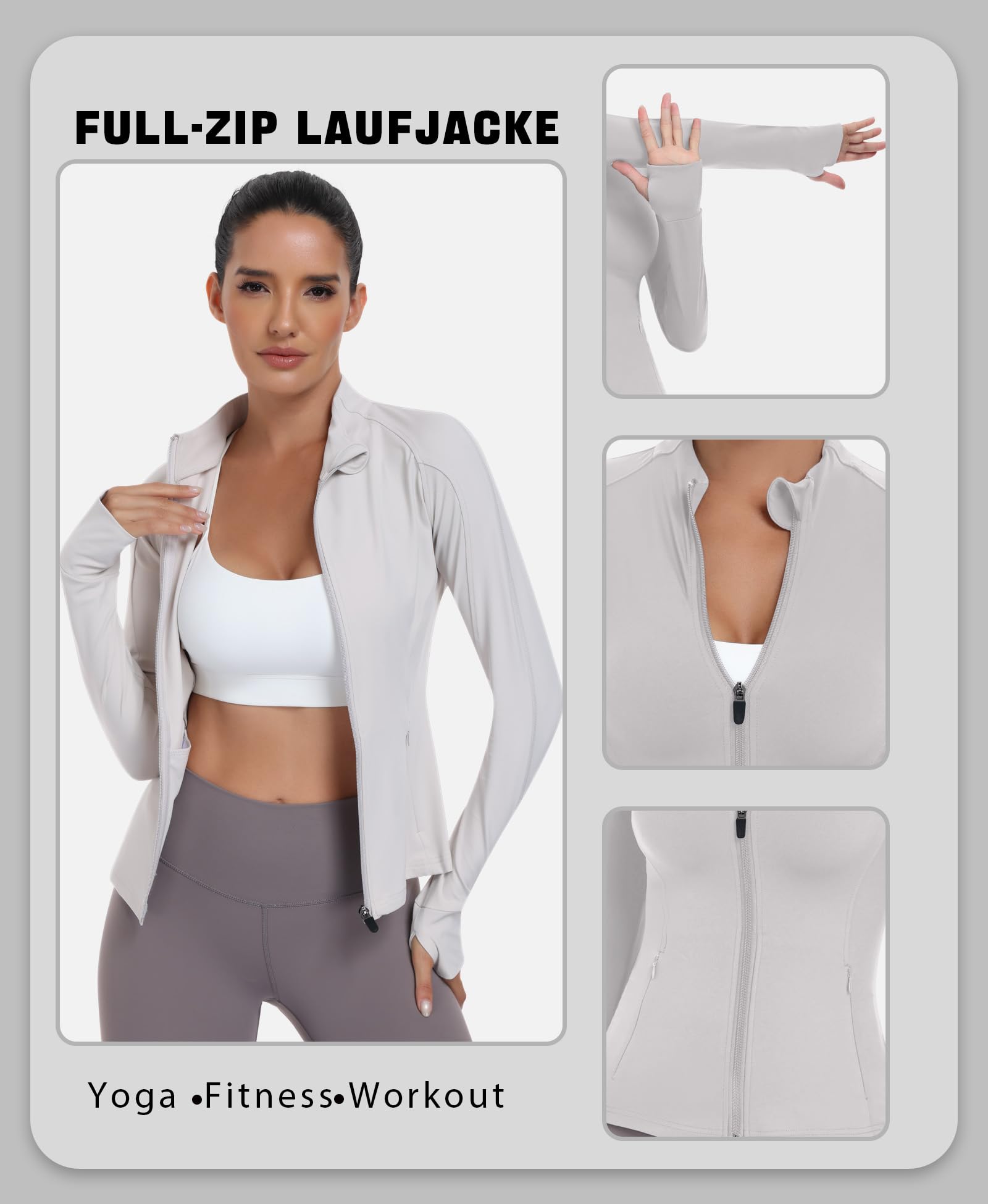 JoyGirl Veste de sport pour femme - Fermeture éclair - Poches - Gym - Haut de yoga - Fitness - Veste de survêtement légère avec trou pour les pouces