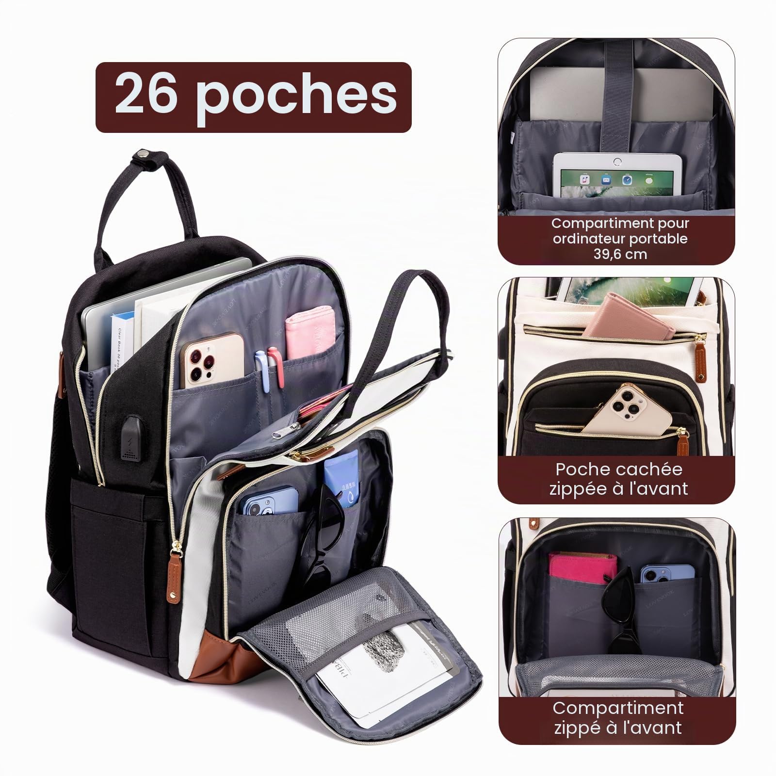 LOVEVOOK Sac à dos avec compartiment pour ordinateur portable - 39,62 cm - Étanche - Antivol - Pour femmes, filles, garçons, adolescents - Pour l'école, les voyages, le travail, beige noir