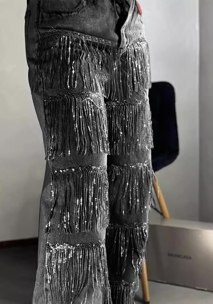 【正規品】STARTEXCEEDEND - y2k fringe denim Famnbro Womens Sequin Tassels Jeans Baggy Y2K High Waisted