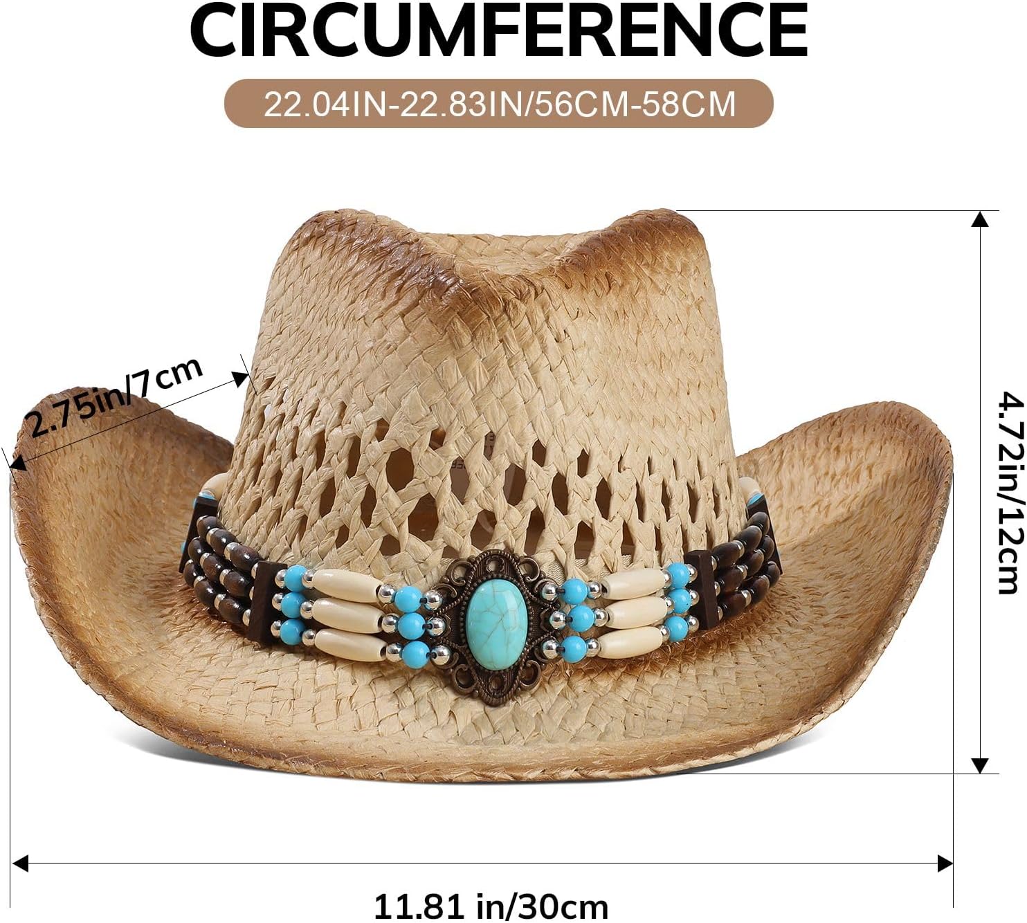 Erocalli Western Straw Cowboy Cowgirl Hats for Women and Mens - Wide Brim, Decorative Bands, Raffia Woven, Sun Hat, Travel