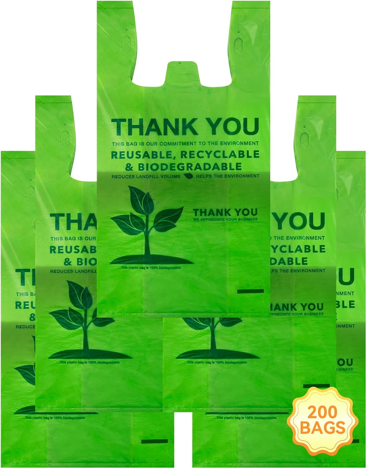 200 Count 100% Biodegradable Thank You Bags – Compostable, Recyclable, Eco-Friendly Grocery T-Shirt, 11.5″ x 6.25″ x 21″, 16 Mic