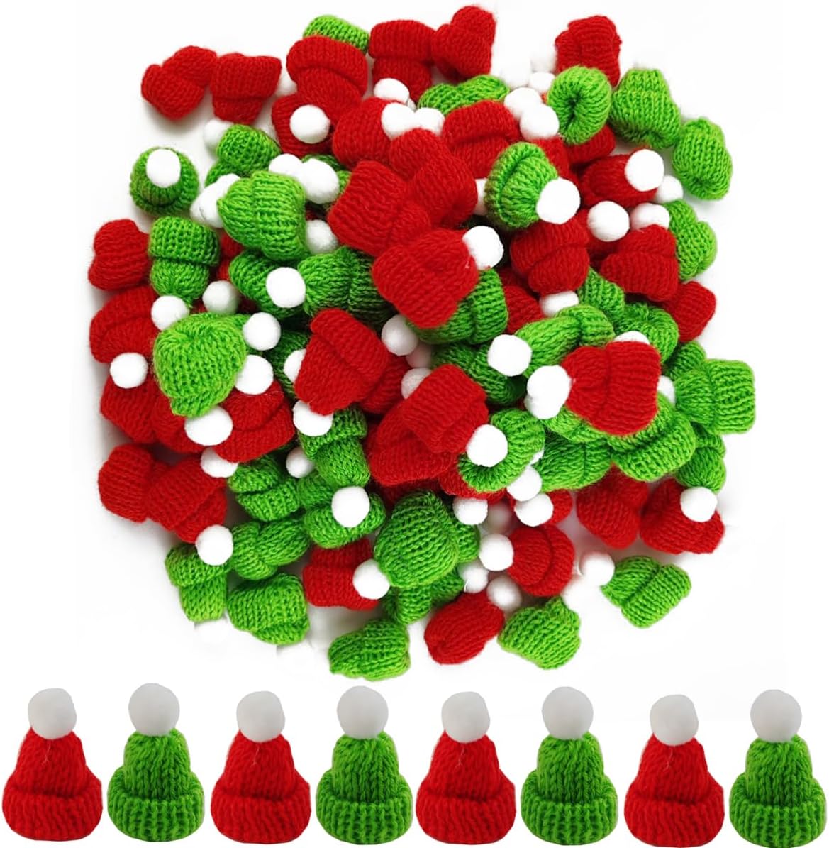 GXXMEI 55PCS Mini Christmas Knit Hats - Doll Craft Hat & Tree Ornaments - DIY Hair Accessories (Red and Green)