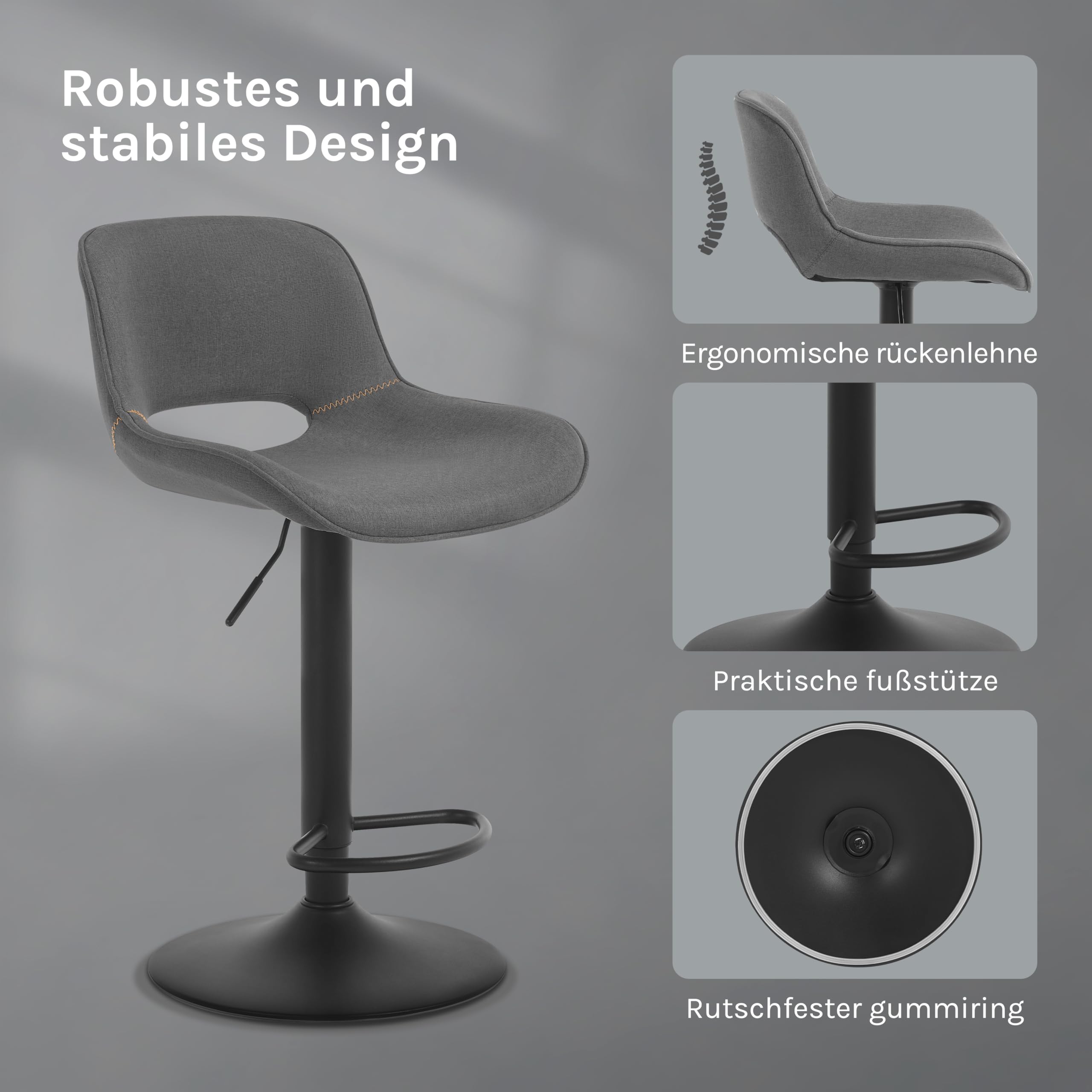 WOLTU Barhocker 2er Set, höhenverstellbar, mit Rückenlehne, Leinen, Grau | Barstuhl mit Fußstütze, Bar Hocker modern, Tresenhocker, Bistrostuhl, Drehhocker, Stuhl für Küche, Esszimmer