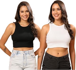 American Symbol Pack of 2 Women’s Ribbed Sleeveless Solid Round Neck Cropped Vest Top Price In India