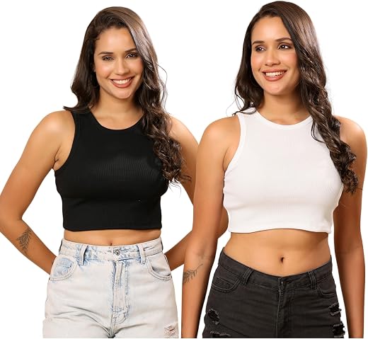 Louis Bayrad Pack of 2 Women’s Ribbed Sleeveless Solid Round Neck Cropped Vest Top