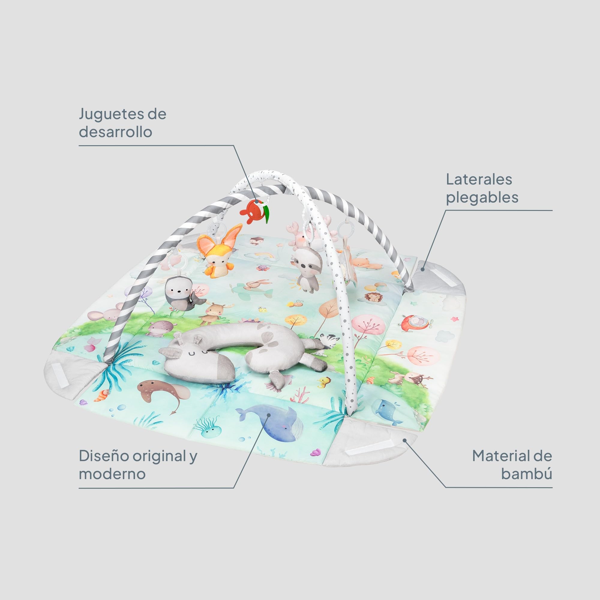 lionelo Anika Natural Alfombra Bebe Juegos de bambú con 8 Juguetes Bebes Desmontables, Gimnasio Actividades Bebe con Arco, Desde recién Nacido | Hipoalergénico | 8 Juguetes Desmontables con Espejo Sonajero y Cojín Tummy Time | Arcos Plegables Espacio Segu
