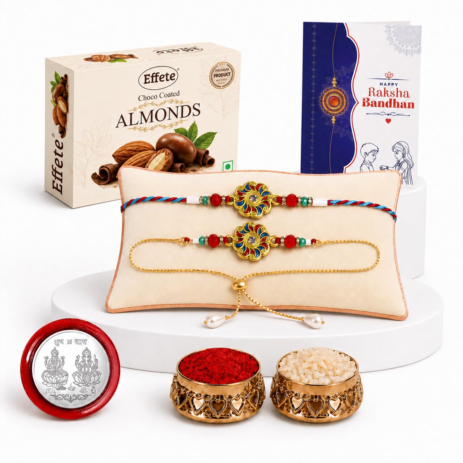 DeoDap Rakhi with Chocolate for Bhai & Bhabhi – Stylish Rakhi for Bhai & Lumba for Bhabhi with Almond Chocolate, Silver Color Coin, Tilak Set & Greeting Card, Raksha Bandhan Combo Pack (K1_X51_CA32)-image-25