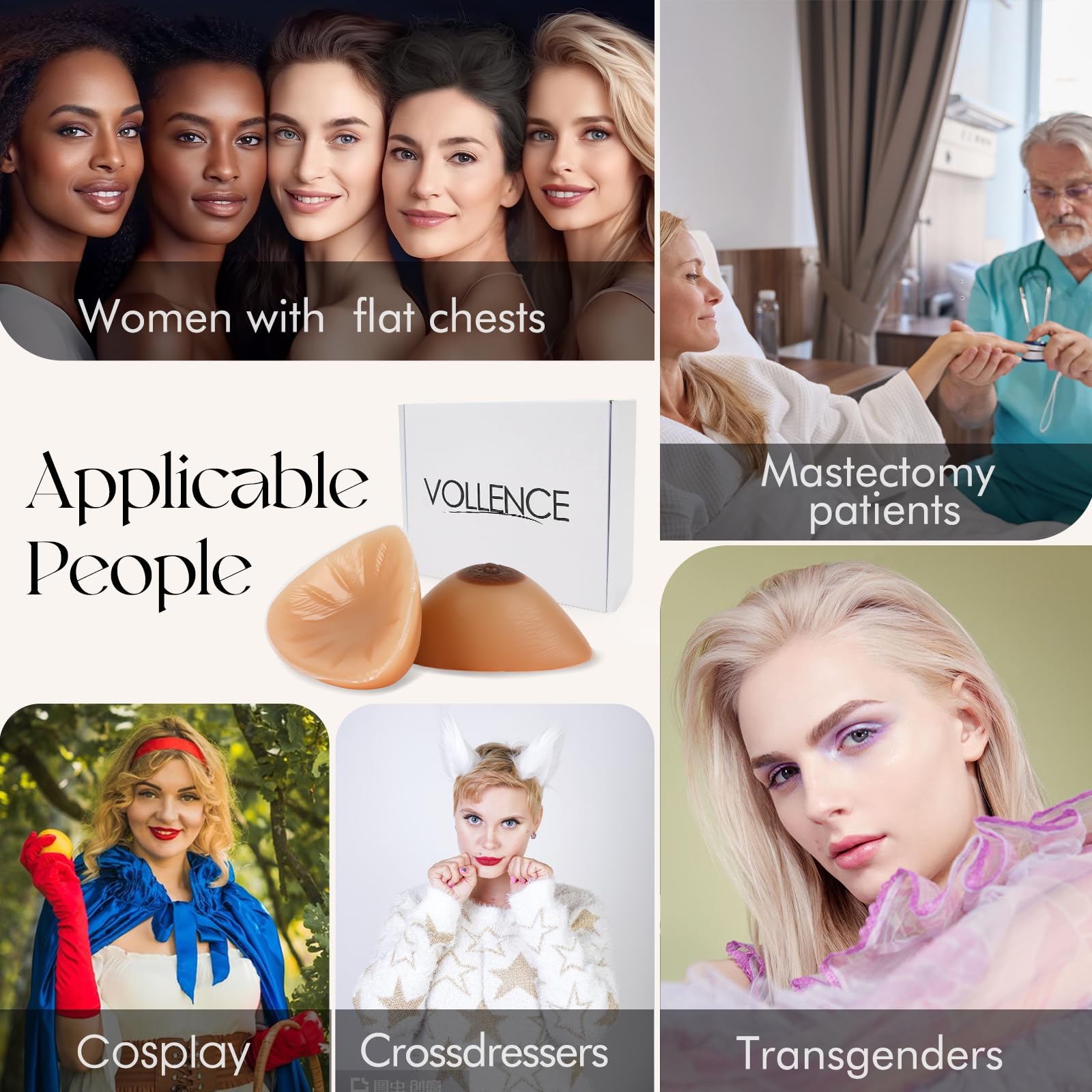 Vollence Una coppia di protesi mammarie in silicone a forma di triangolo, realizzate in gel di silicone, simulate per mastectomia, travestiti, transgender. Inserti per migliorare il reggiseno