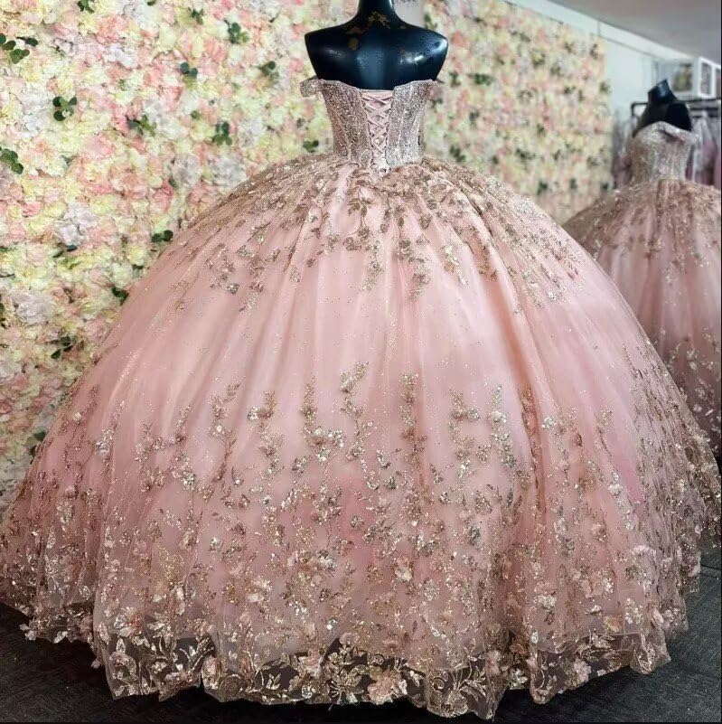 Shiny Gold Sequin Tulle Ball Gown Quinceanera Dresses Modern 2025 Beaded Crystal Top Sweet 16 Dress2