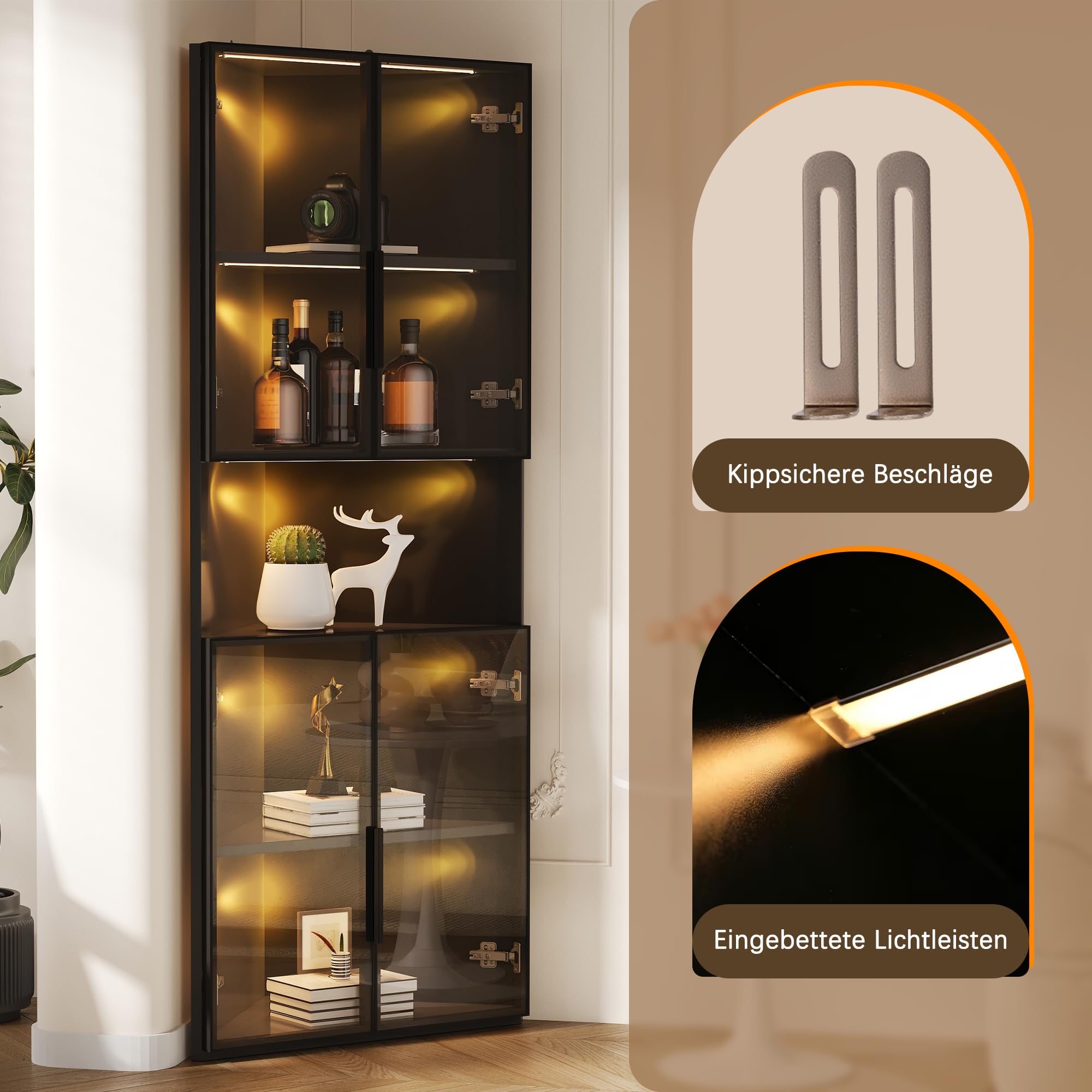 Merax Dreieckige Vitrine 62x32x160 cm mit Glasfront, LED-Beleuchtung und offenem Mittelbereich, für Sammlerstücke, Schwarz
