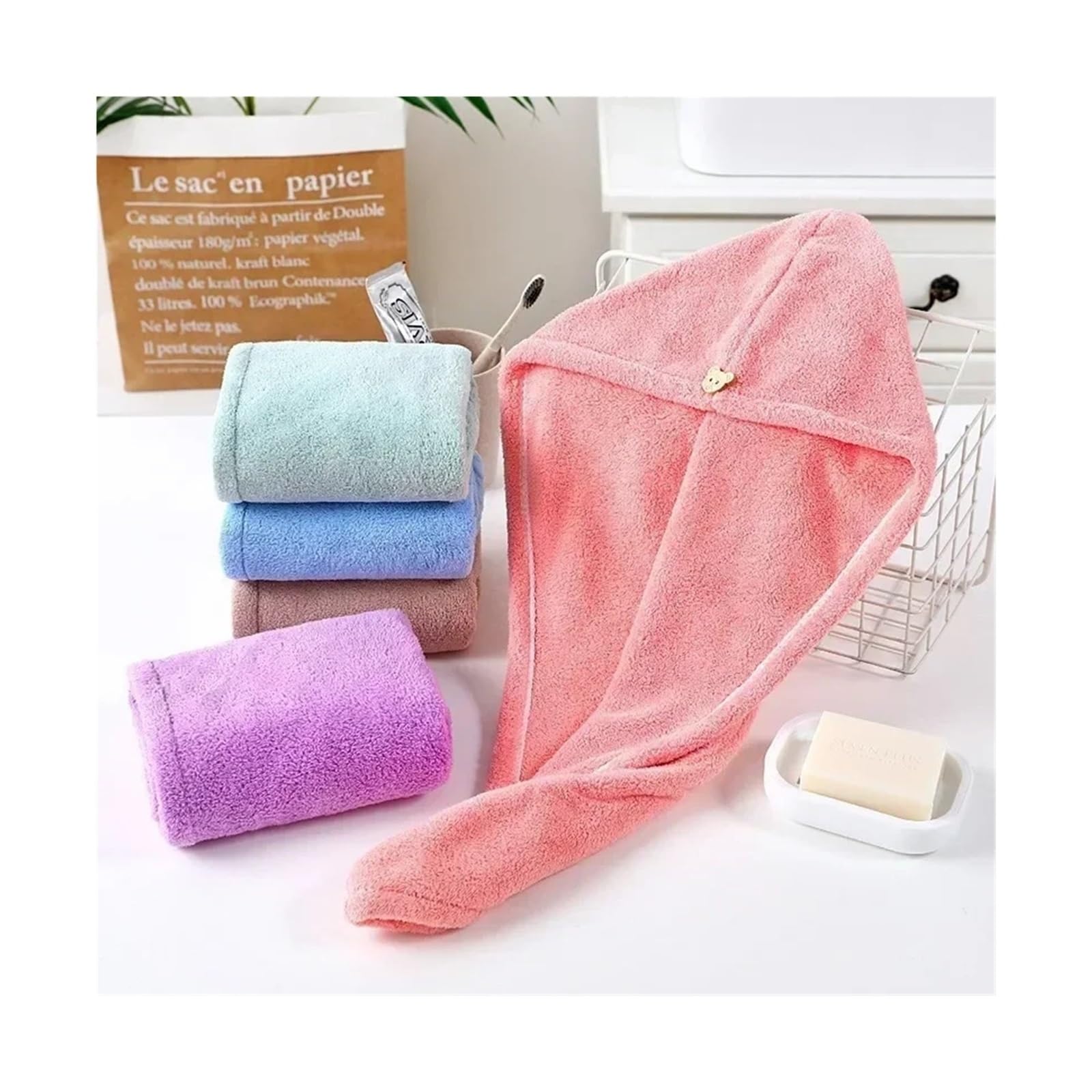 Toalla de Pelo Microfibra | Multicolor 4 piezas de secado rápido for mujeres después del secado del cabello del baño(Pink)