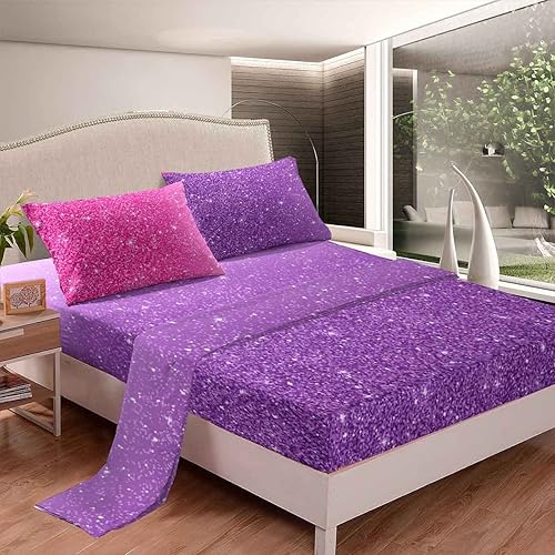 jejeloiu Juego de sábanas de 4 piezas con purpurina tamaño matrimonial, color rosa, morado, pastel, suave, transpirable (1 sábana encimera, 1 sábana