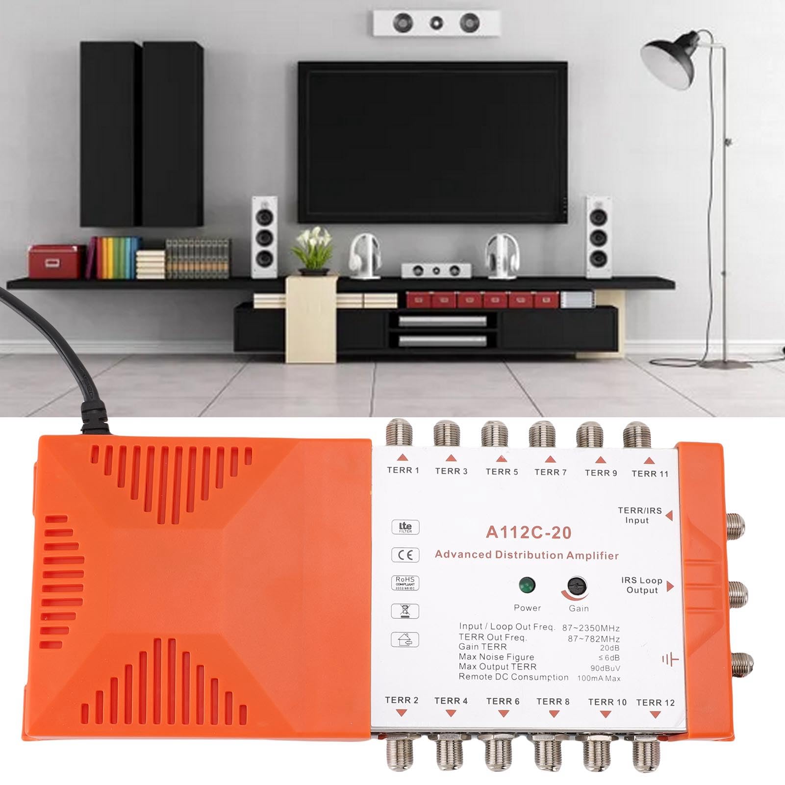 Ausla 12-kanałowy Wzmacniacz Dystrybucyjny Blaszany ABS, Wzmocnienie 20 DB, 12-wyjściowy Wzmacniacz Dystrybucyjny z Filtrem 4G LTE, Pętla IRS o Niskim Poziomie Szumów dla Telewizora CATV Home Studio