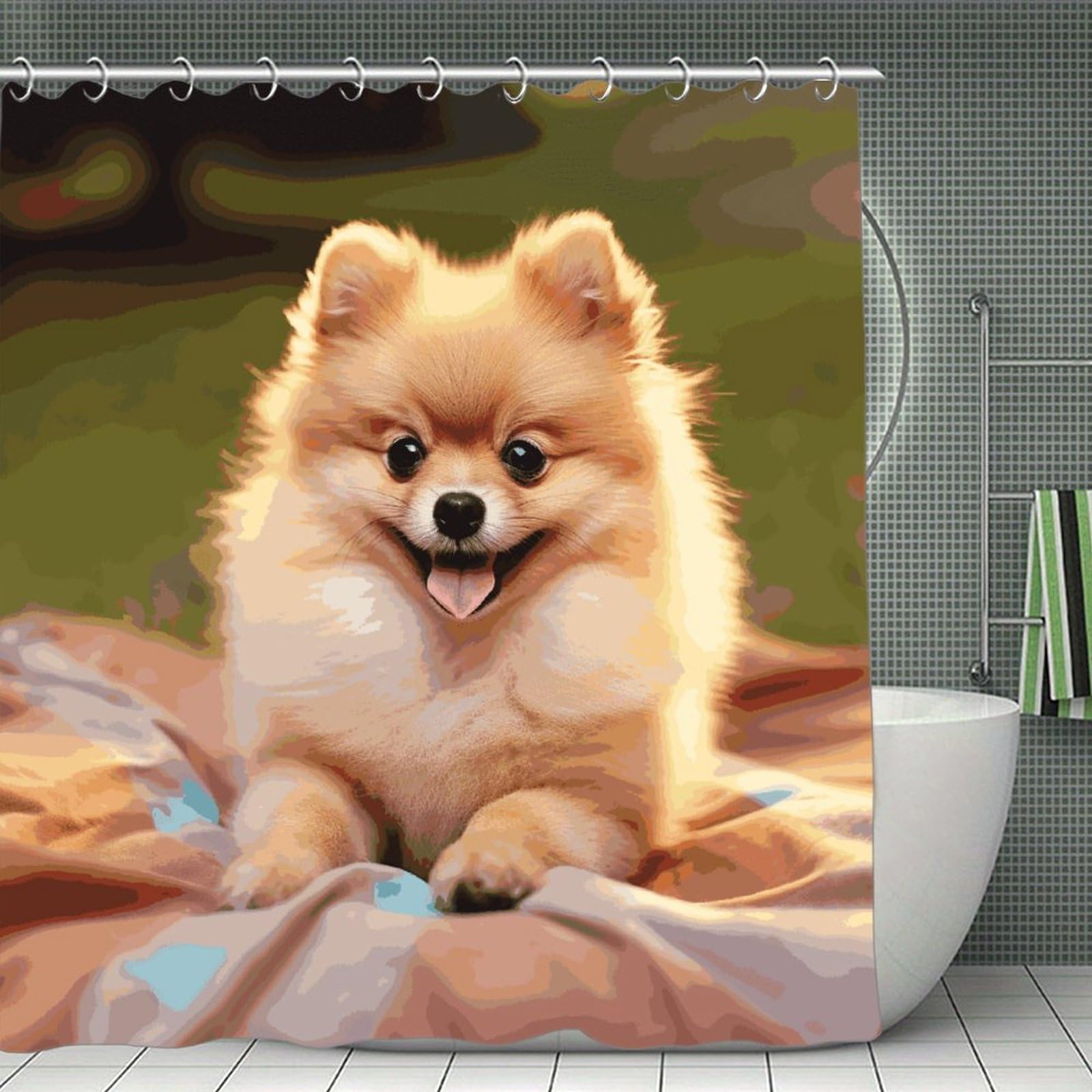 FekiLoot Short-haired Pomeranian Shower Curtain Minimalist Thick Bathroom Curtain Washable Modern Bathroom Shower Curtain Heavy Duty Waterproof Cloth Bath Curtain with Hooks 70.8"x70.8"