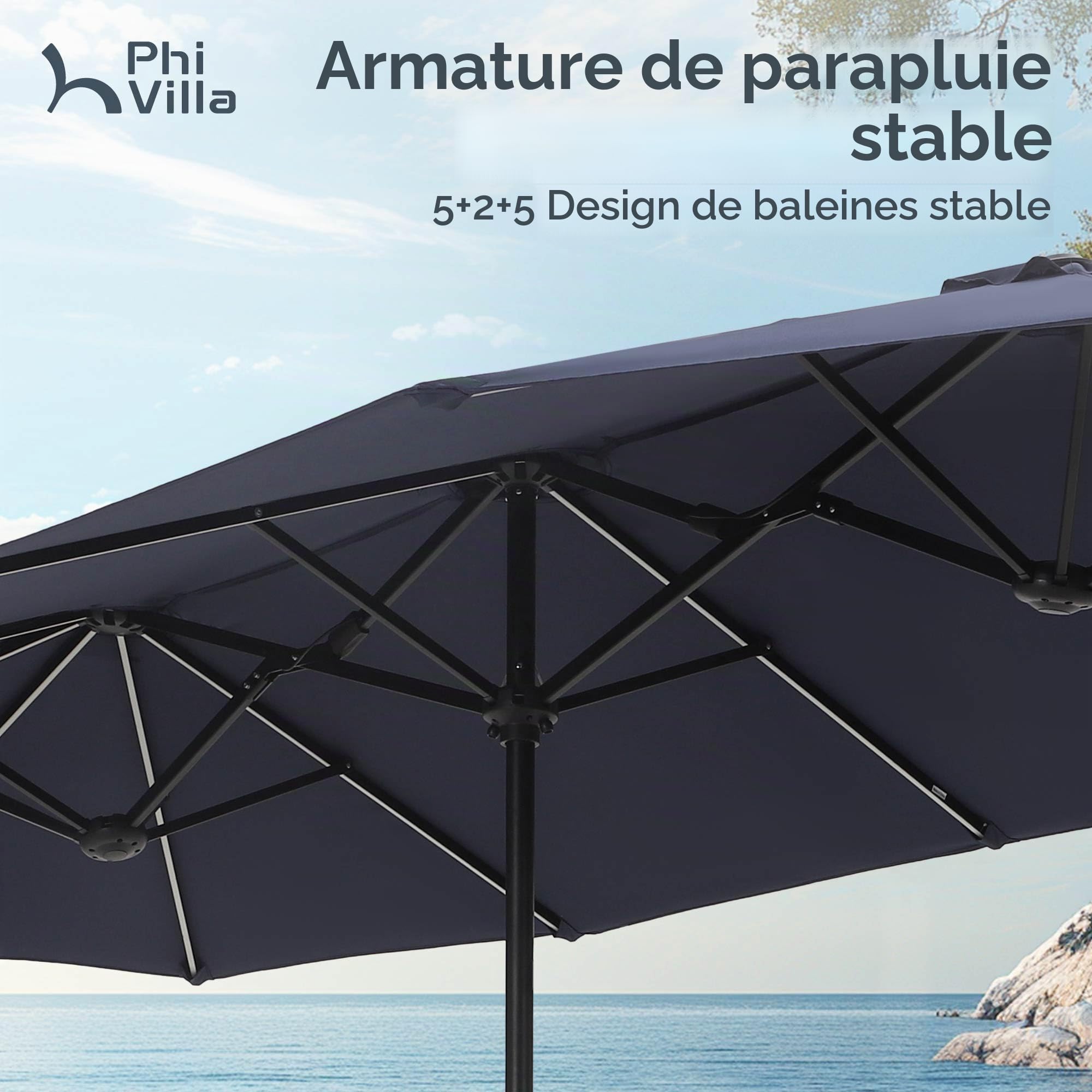 PHI VILLA Parasol de Jardin Extérieur,2x3,8m Parasol Double Face Rectangulaire avec LED Lampe et Manivelle,Protection Solaire pour Terrasse, Résistant à l'Eau,Anti au vent