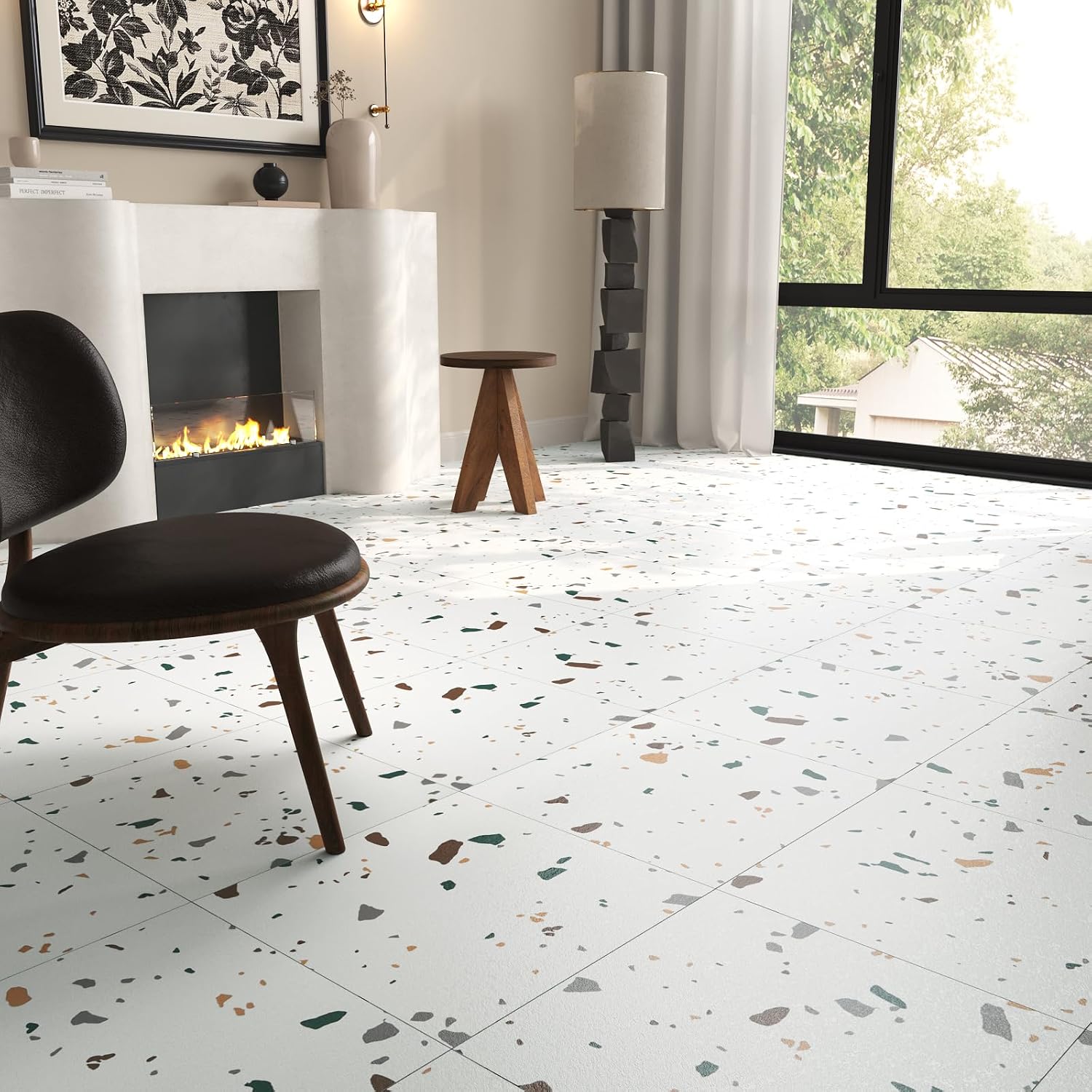 VaryStyle 18-Sheet Vinyl Flooring White Colorful Terrazzo Floor Tile Peel and Stick Waterproof White Terrazzo Peel and Stick Tile Floor Stickers 12"x12" Renter Friendly Laminate Flooring for Bathroom