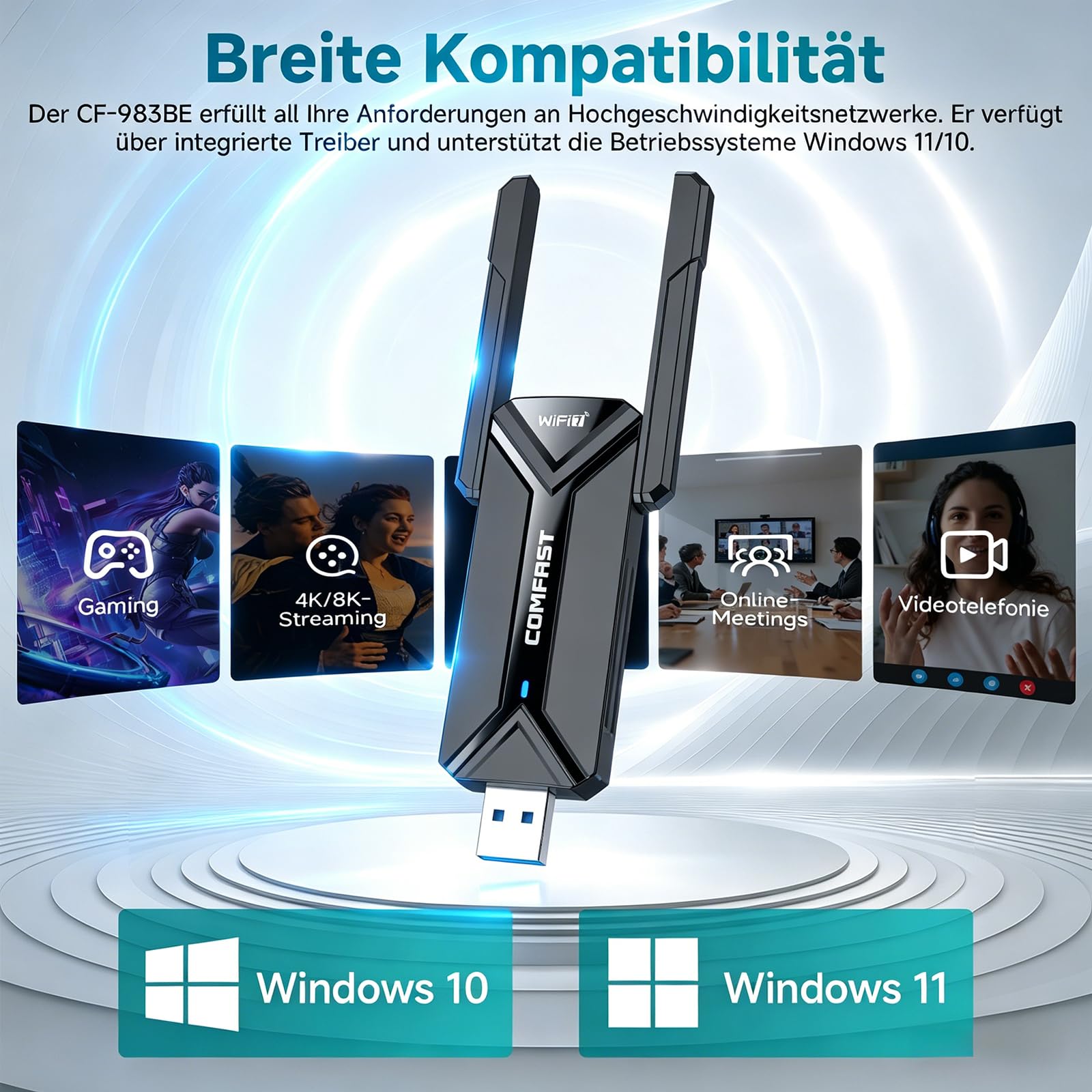 COMFAST WLAN Stick, USB 3.0 USB WLAN Adapter WiFi 7 6500 Mbit Dreifachband | mit Doppelantennen, OFDMA & MU-MIMO, WPA3, kompatibel mit Win10/11, treiberfrei sofort einsatzbereit für Desktop Laptop