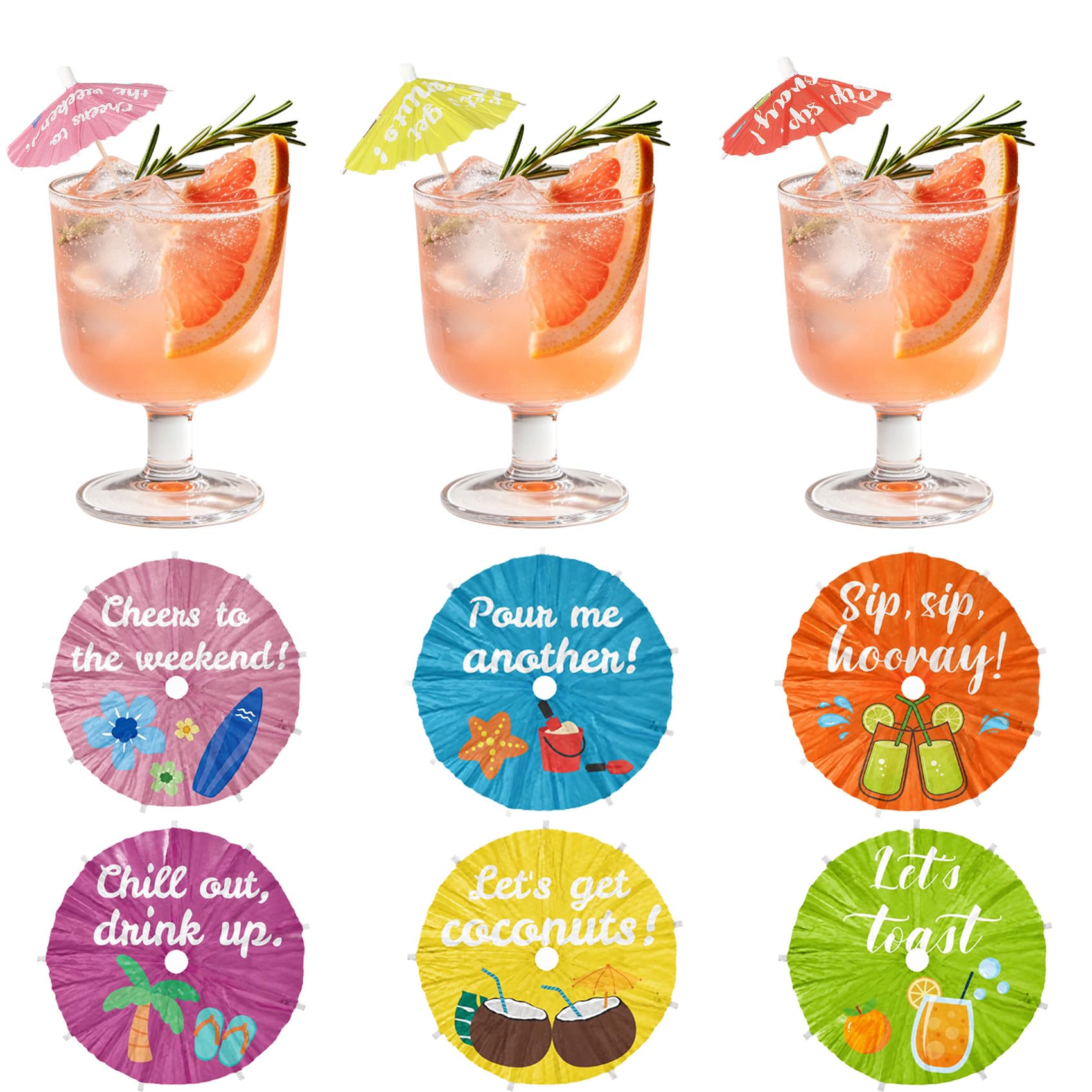 150 Pcs Summer Drink Umbrellas Cocktail Picks, Cocktail Accessories for Drinks, 6 Styles Paper Umbrellas Toothpicks for Appetizers, Cocktail Decorations for Hawaiian Tiki Party Decor Supplies