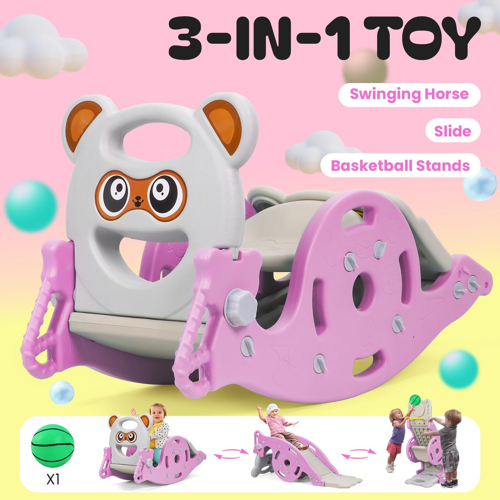 Cheval À Bascule 4-en-1 avec Toboggan Et Panier De Basket, Jouet Bébé Convertible pour Enfants, Cadeau Enfant pour Intérieur Et Extérieur Rose