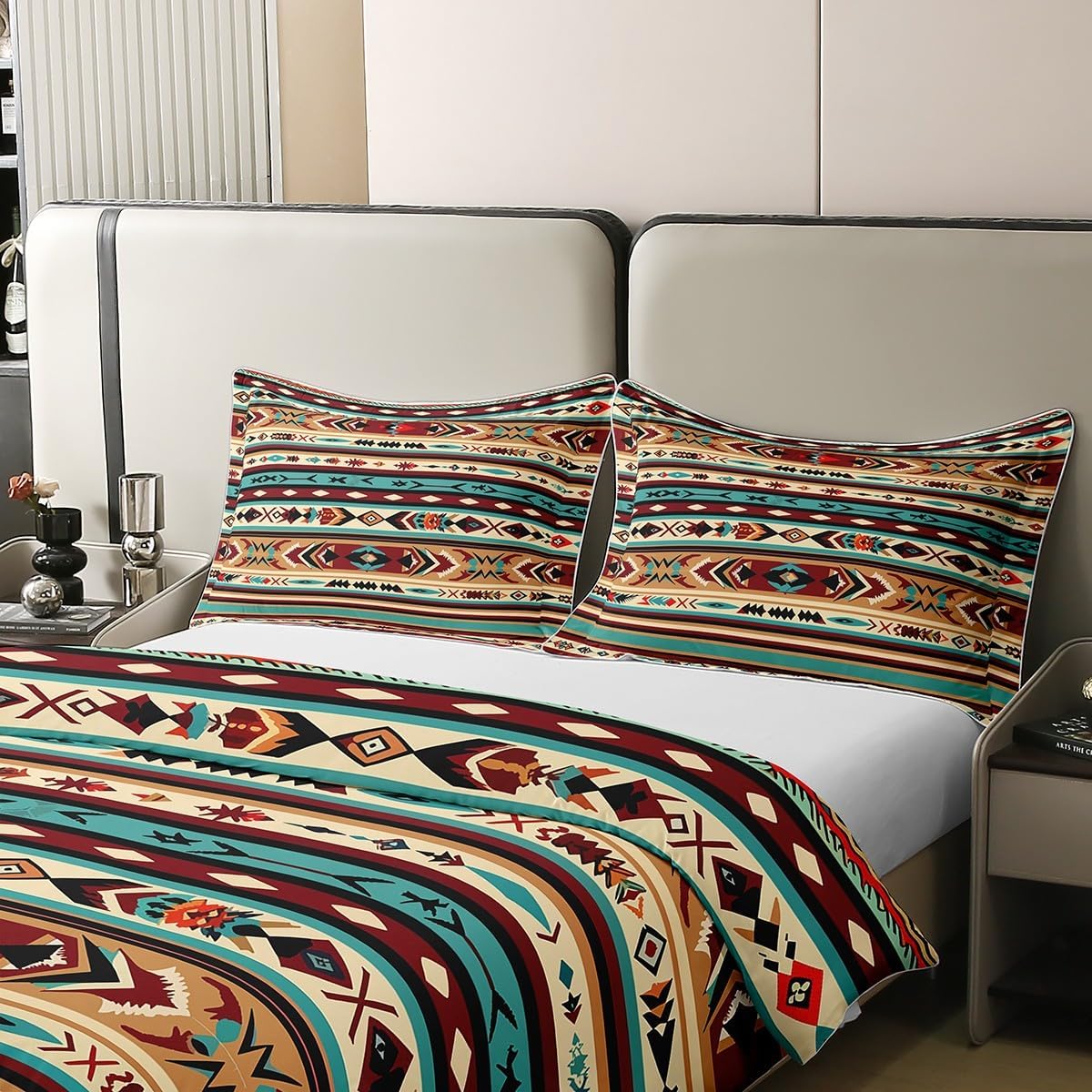 100% Organic Cotton Boho Aztec Quilt Cover For Kids Teen Adults,Southwestern Queen Duvet Cover,Vintage Mexican Geometric Comforter Cover,Rhombus Abstract Bedspread Cover,Western Decor Bedding Set