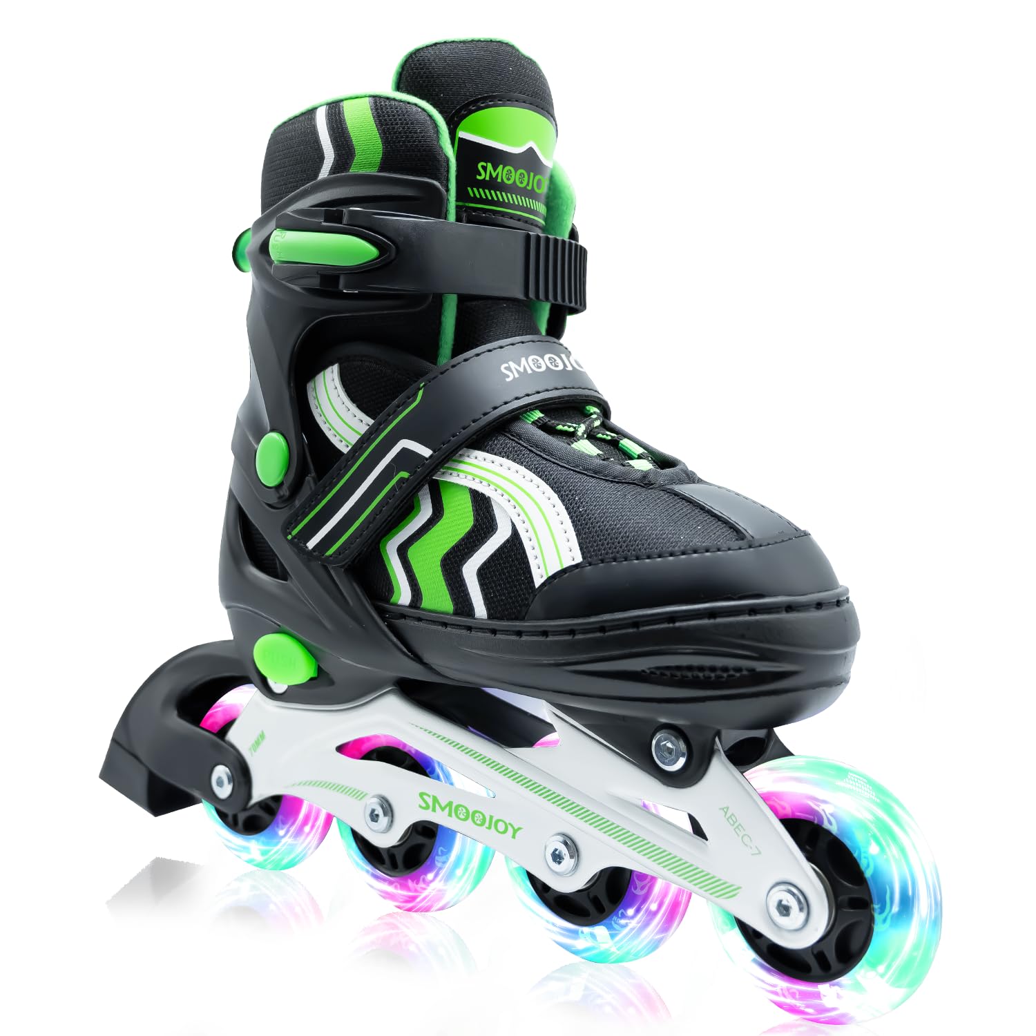 SMOOJOY Inline Skates for Kids Light-Up Wheels Aluminum Frame Black Green Blade Skate for Boys and Girls S, M, L Sizes, Ages 8-12, Perfect for Beginners Indoors and Outdoors