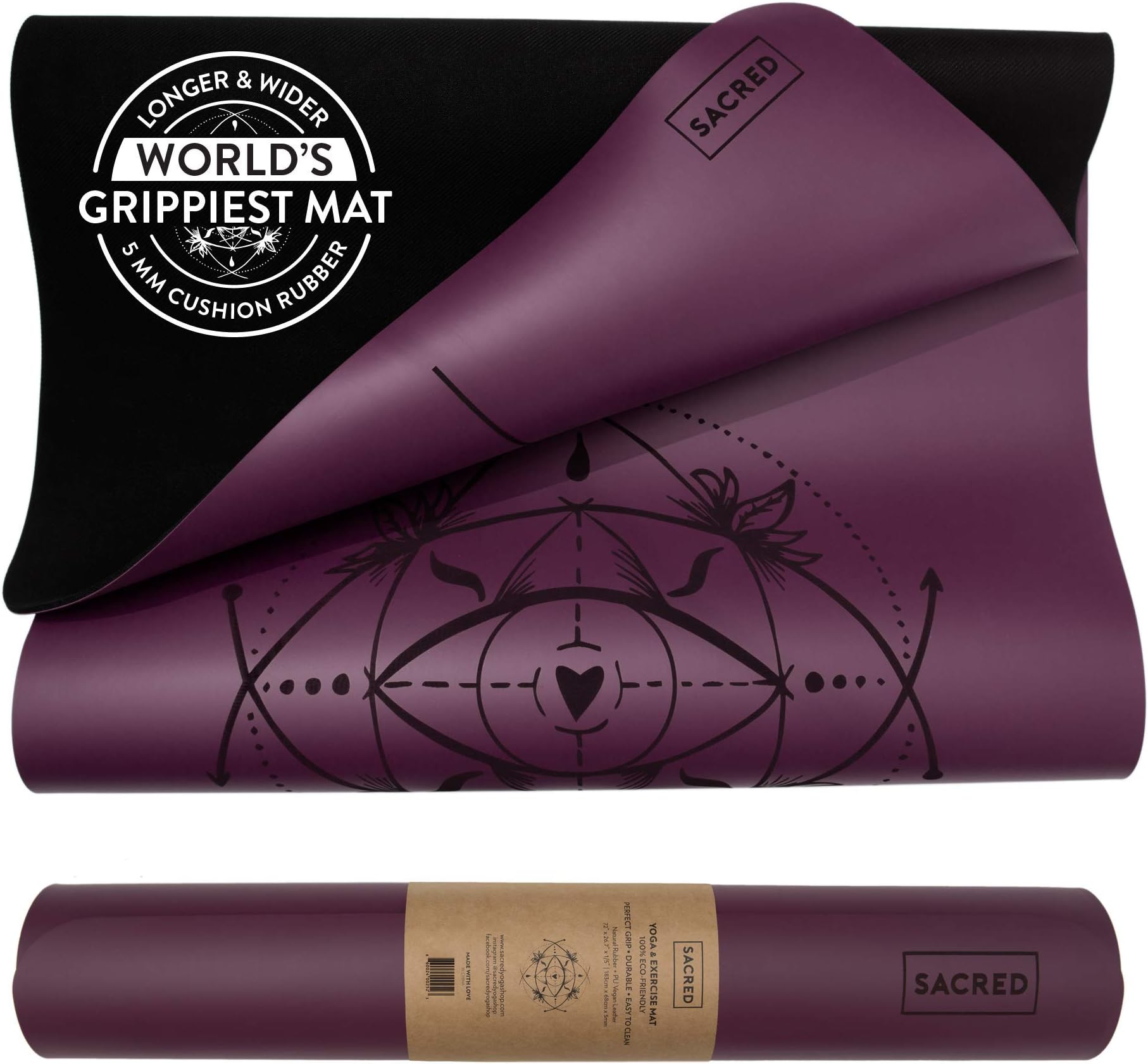 SACRED Yoga Extra Grip Reversible CORE Yoga Mat With Strap | Non-Slip & Durable | Lighter Eco-Friendly Mat | Comfortable 3mm Thick Exercise Mat with Central Alignment Lines