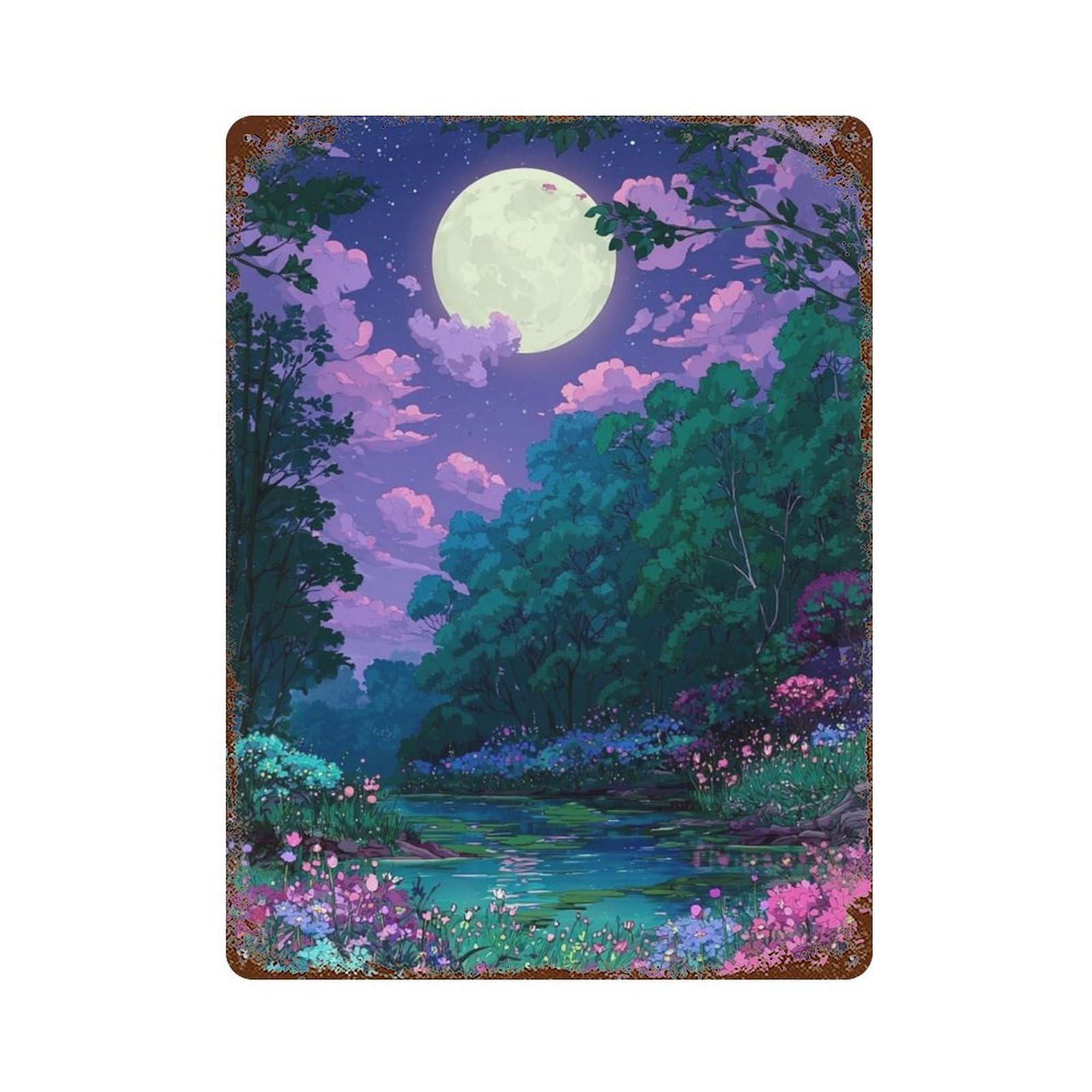 Moonlit Garden Scene Retro Metal Sign 15.7"x11.8", Industrial Home Decor for Garage, Pub Or Kitchen