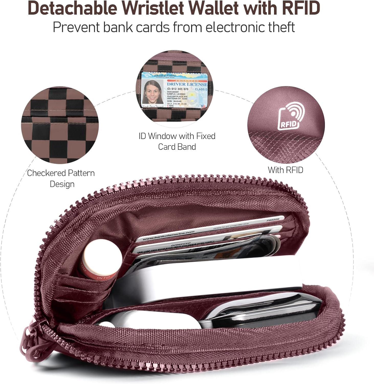 Clip and Go Strap for Phone with Wallet Crossbody Phone Lanyard and Detachable Checkered Bag with ID Window and RFID Pouch for Daily Travel. - Image 3