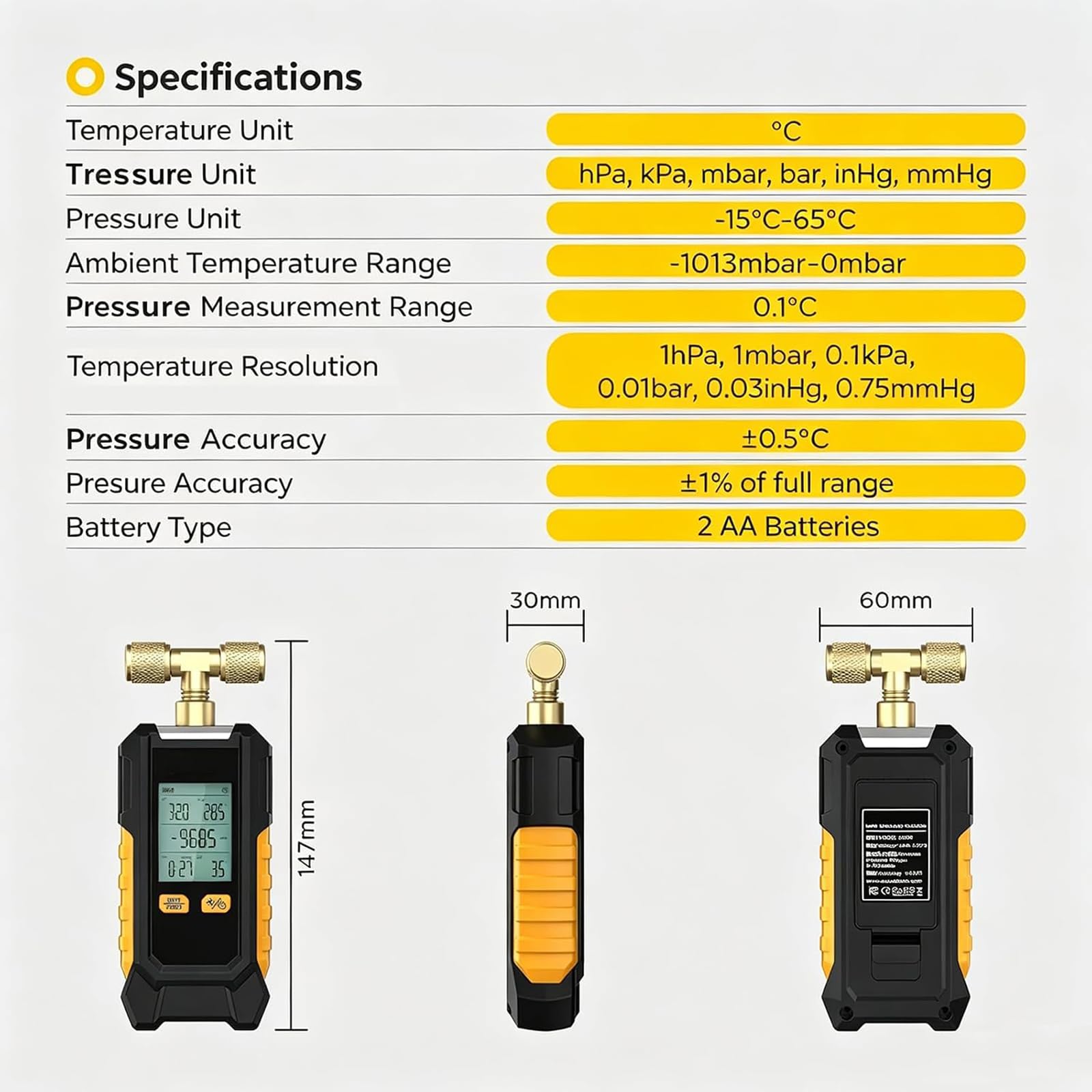 Manómetro De Vacío Digital, Detector De Fugas con Calibración Automática, con 6 Unidades Conmutables, Precisión De ±0,1%, con Pantalla LCD Retroiluminada, Herramienta De Diagnóstico HVAC