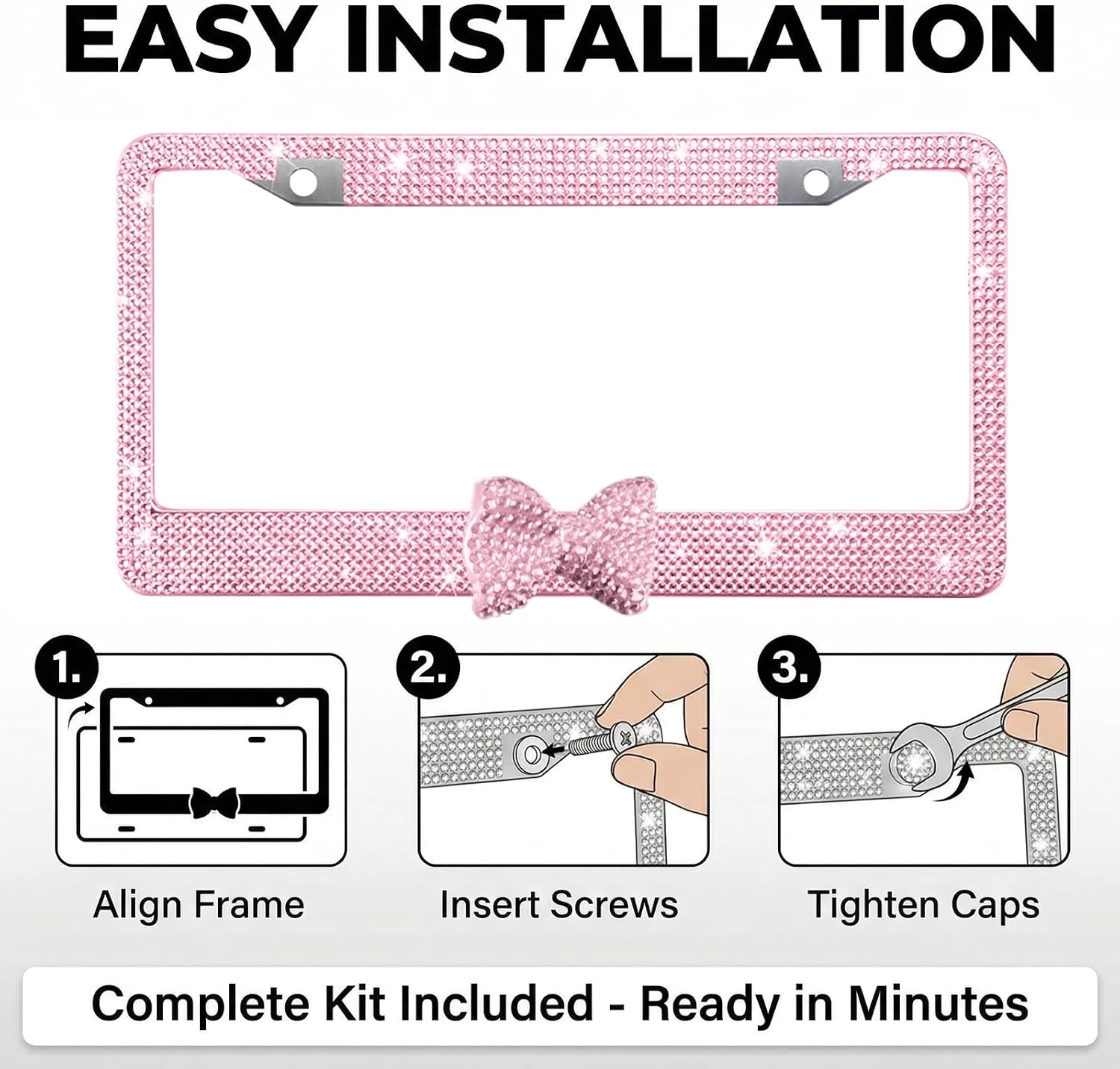 Bling License Plate Frame for Women, Rhinestone License Plate Frame Stainless Steel Sparkly Car Accessories with Anti Theft Screws (1, Pink Frame + Pink Bow)