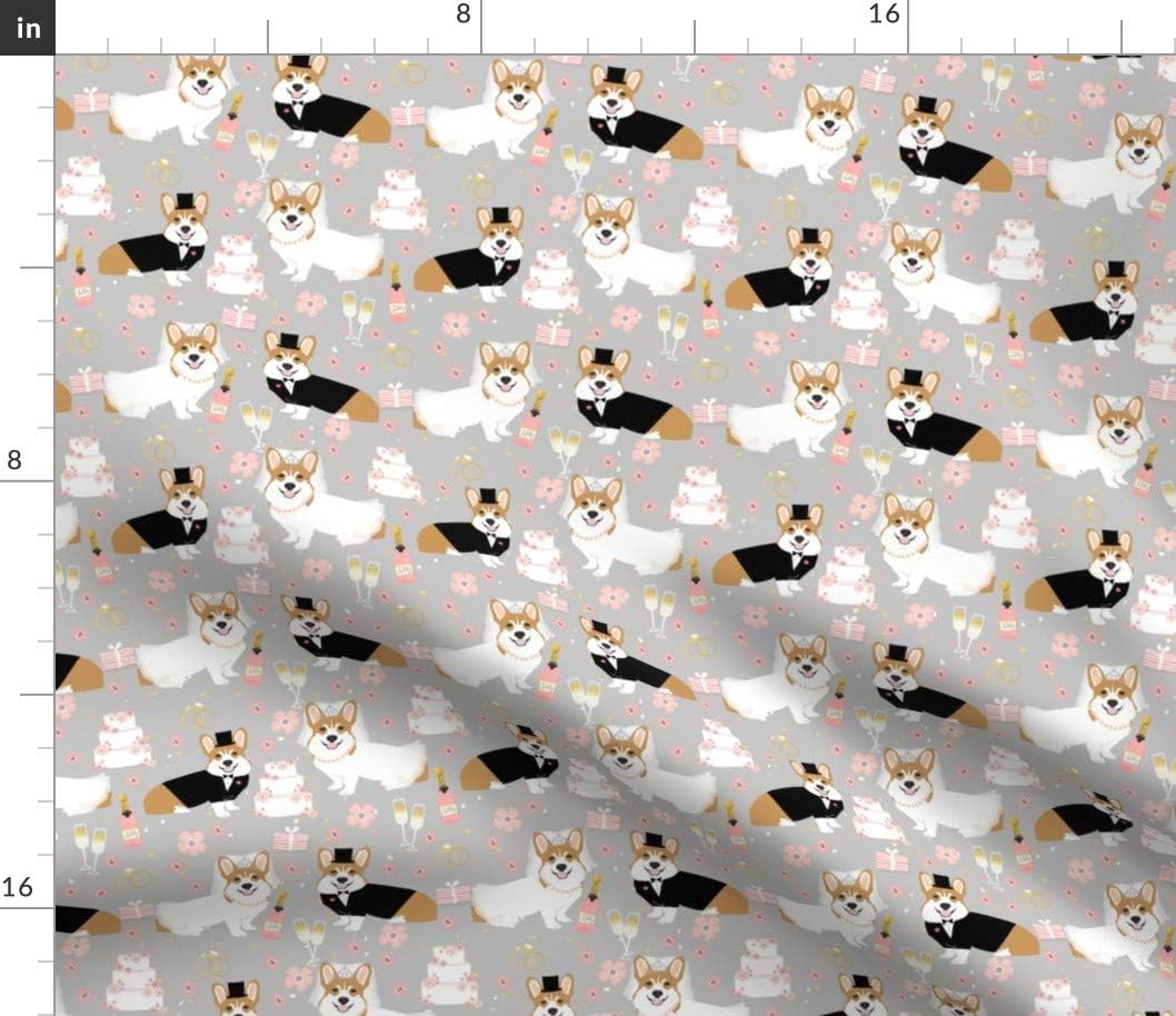 Spoonflower Fabric - Corgi Wedding Cute Corgis Florals Celebration Spring Summer Dogs Gray Printed on Petal Signature Cotton Fabric by The Yard - Sewing Quilting Apparel Crafts Decor