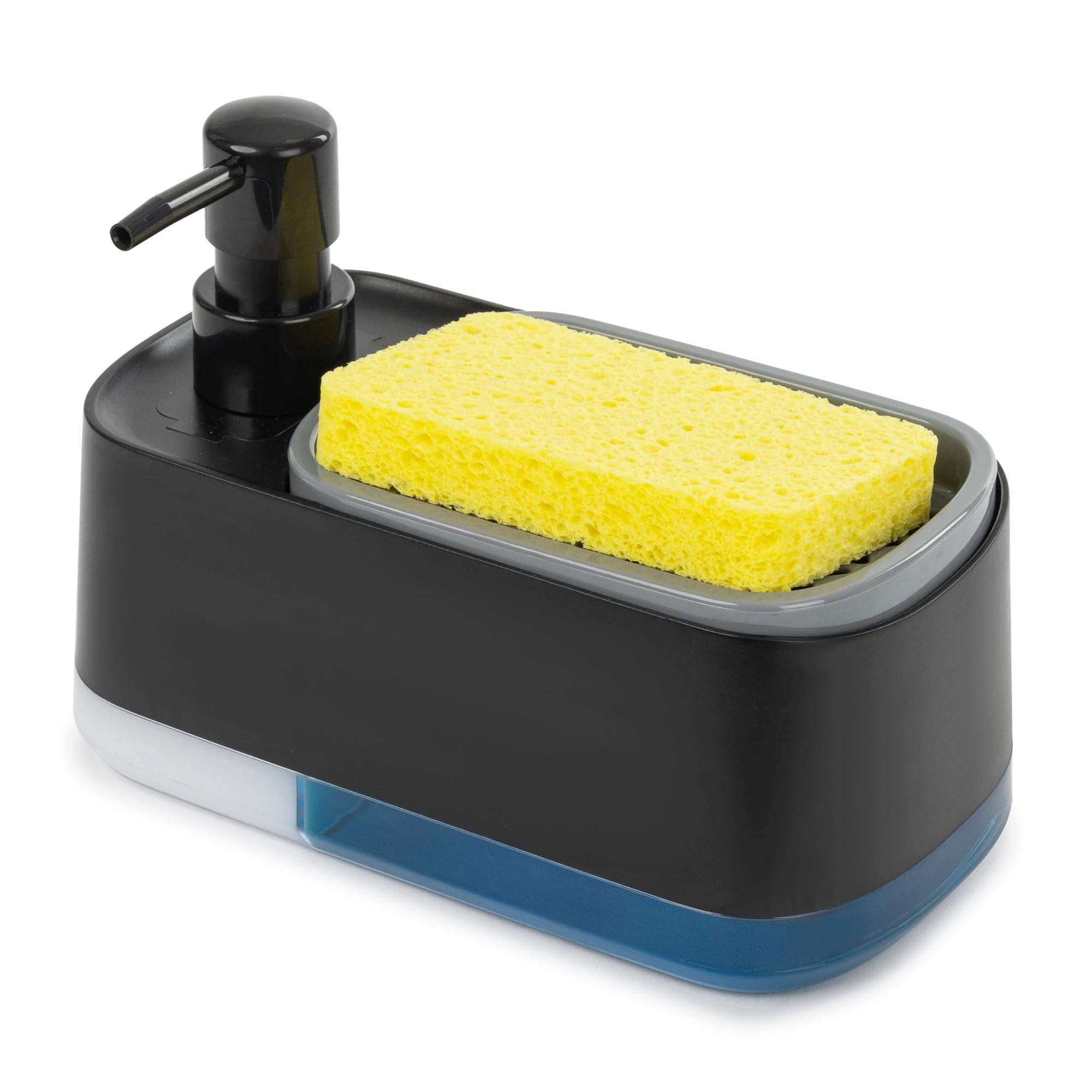 Fineway 2-in-1 Dishwashing Liquid and Soap Dispenser with Sponge Holder -Dual-Compartment Design, Non-Slip Feet, Transparent Base for Liquid Levels, Durable ABS Plastic & 304 Stainless Steel (Black)