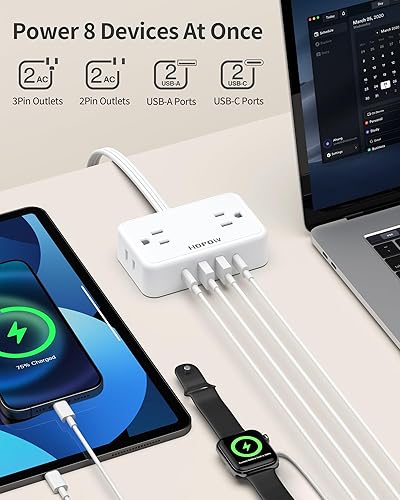 Miniatura 2 de Cable de extensión de enchufe plano, tira de alimentación ultrafina de 6 pies con 4 tomas de corriente alterna espaciadas y 4 puertos USB (2 USB-C),