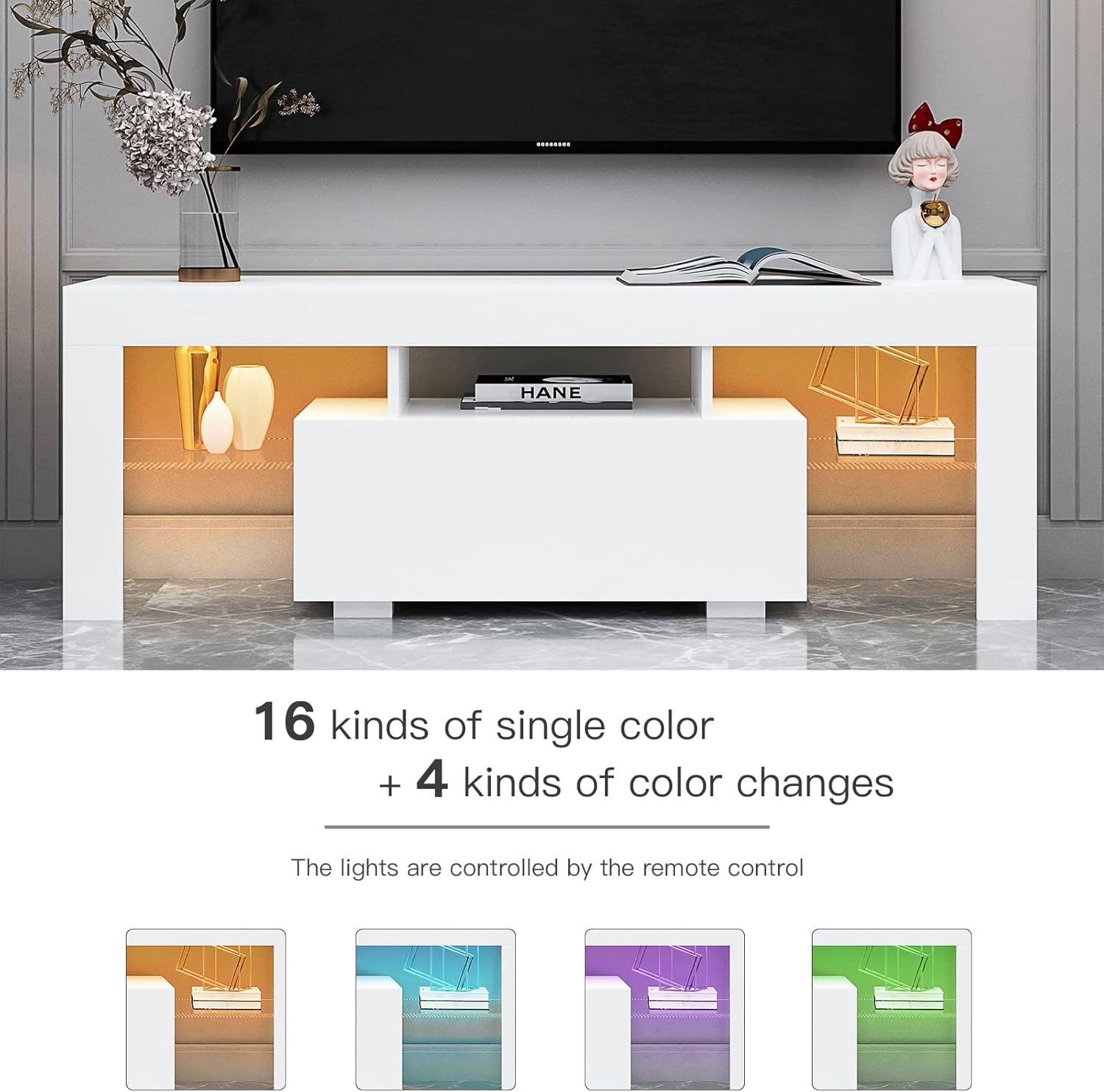 White LED TV Stand Modern Entertainment Center for 65 Inch TV Wood TV Cabinet with Led Lights Television Stands with Storage Drawers for Living Room Bedroom Office