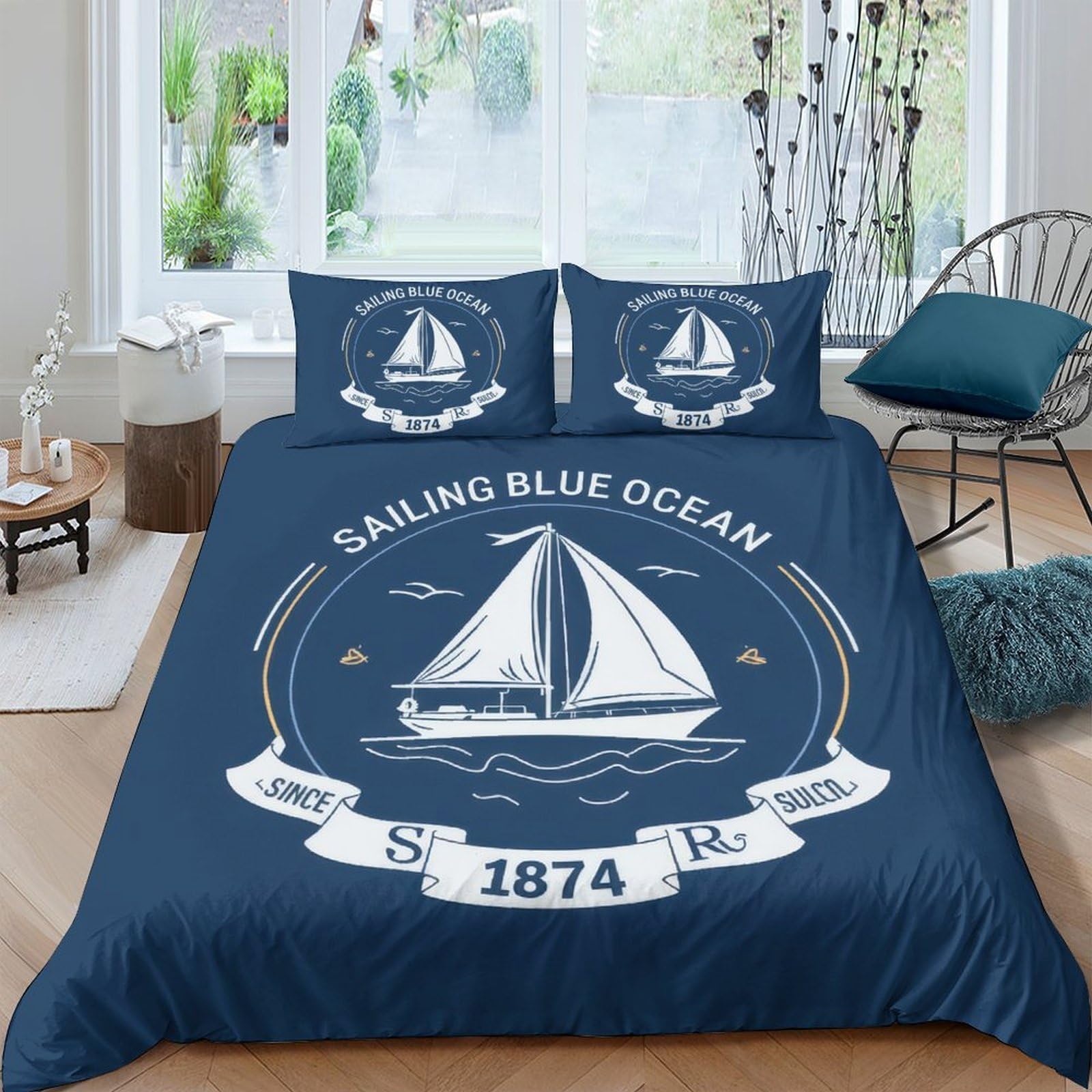 GPLZQXKJNH 3D Printed Sailing Yacht Duvet Cover Microfiber Soft Breathable Blue Ocean Bedding Set with 2 Pillowcases for Bedroom Decor Single（135x200cm）