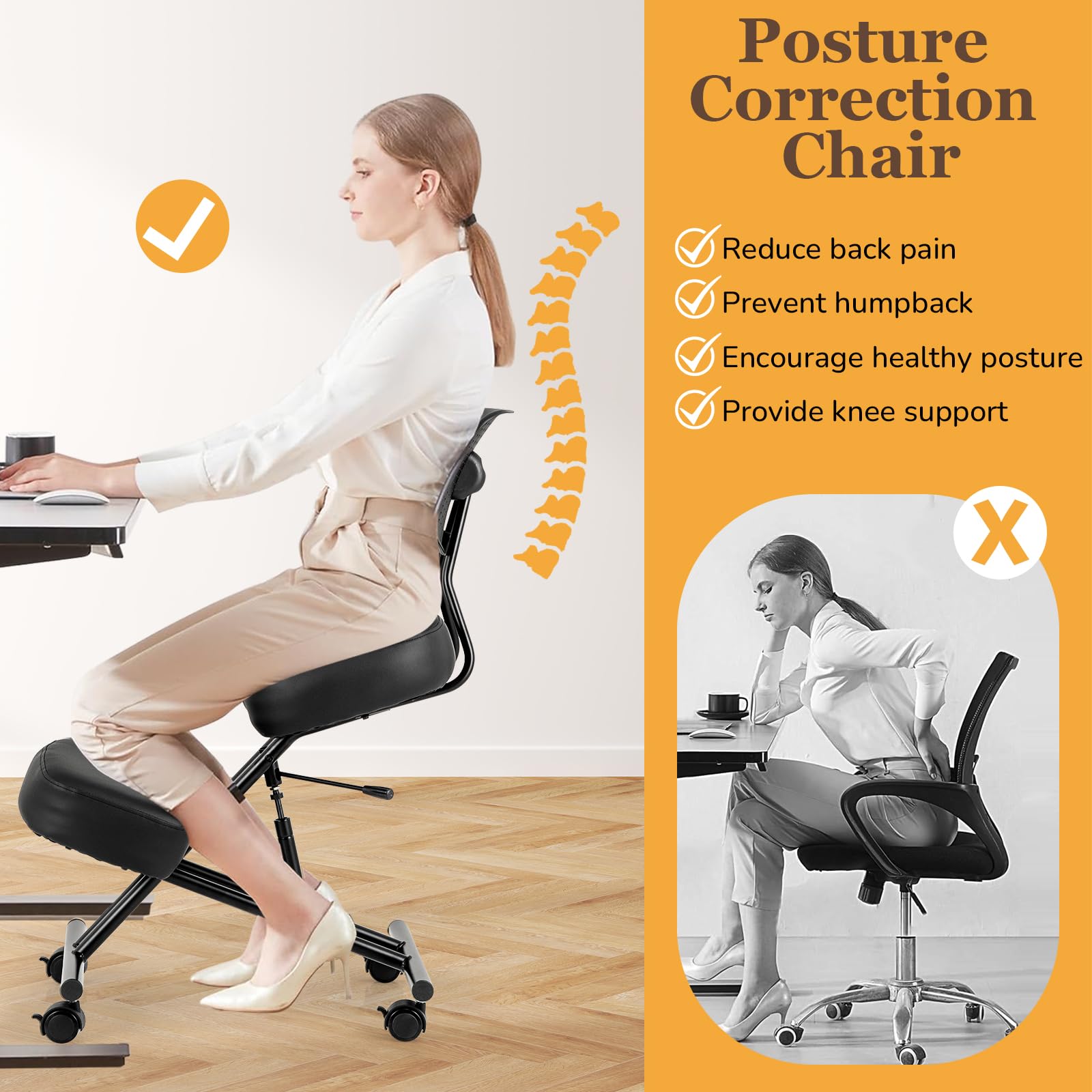 GIANTEX Tabouret Genouillères Réglable avec Dossier, Chaise de Travail Ergonomique, Roues à Verrouillage, Support pour Genoux, Chaises Orthopédiques pour Corriger la Posture Assise, Charge 110 kg