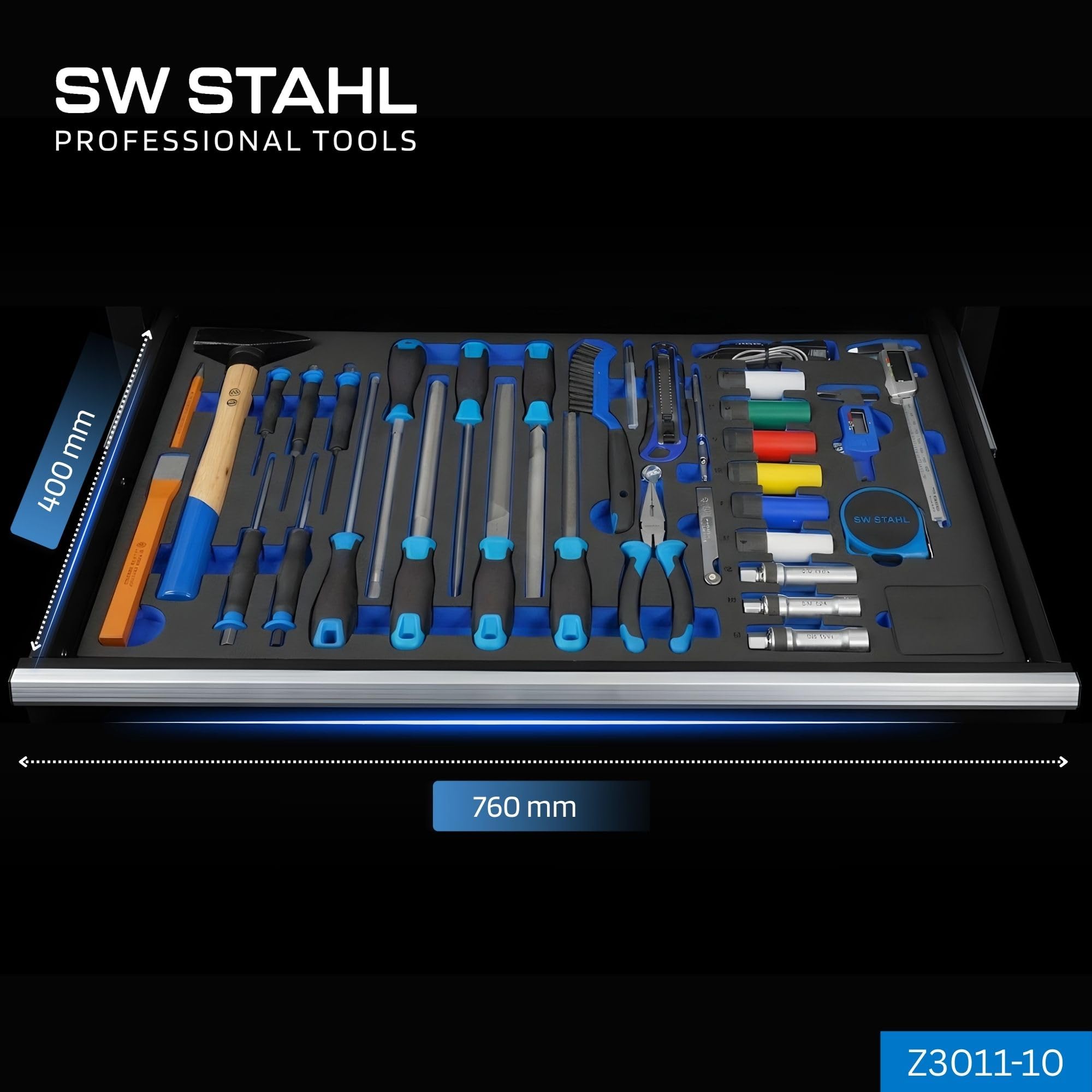 SW-Stahl Z3011-10 Wkład do Wózka Warsztatowego, Zestaw Narzędzi 34 Szt. | Wyposażenie XXL z pianką, pasuje do SW TT802 i szuflad 76 x 40 cm, profesjonalne narzędzia warsztatowe i rzemieślnicze