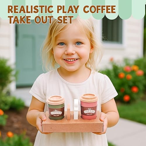 Miniatura 3 de Juego de café para niños, juego de cafetera de juguete para niños pequeños, accesorios de cocina de madera, juego de simulación para niñas y niños