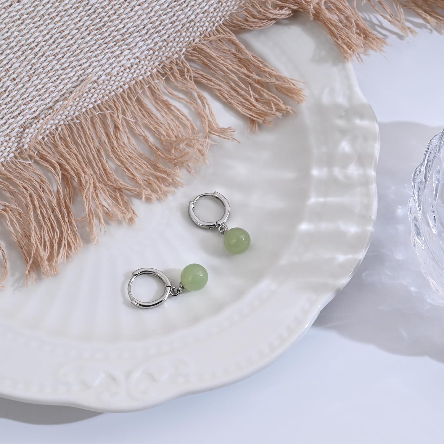 Silver Jade Pearl Huggie Hoop Earrings Gemstone Earrings for Women Trendy Simple Hoop Jewelry for Gift - Image 5