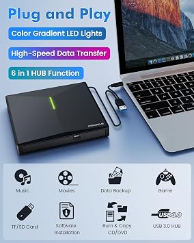 ORIGBELIE External CD DVD Drive, 4 USB & 2 TF/SD Card Ports & Carrying Case | USB C 3.0 Optical Disk Drive, Portable CD/DVD Player Burner Reader Writer for Laptop MacBook Desktop PC Windows Linux Mac OS