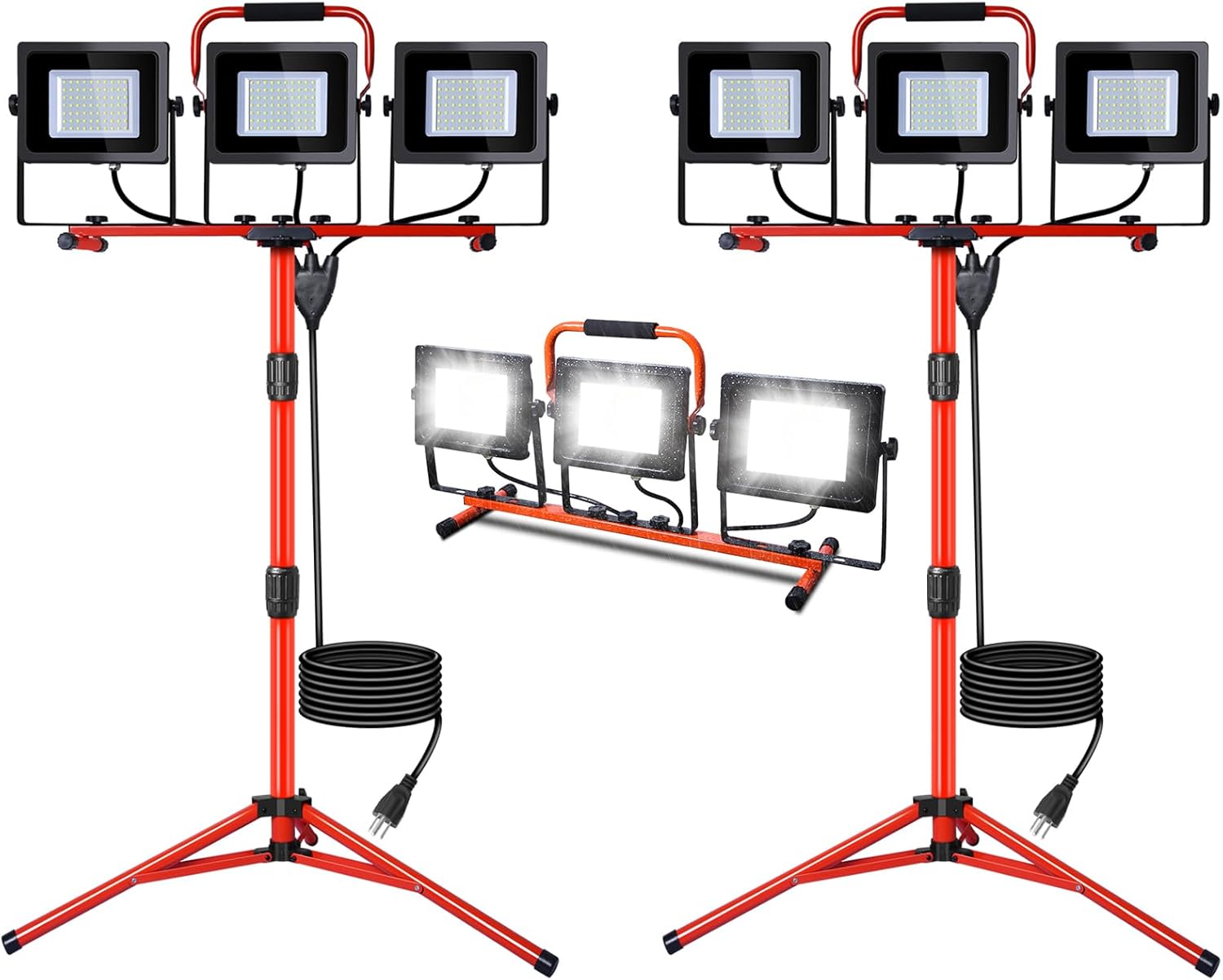 LEDMO 30000LM LED Work Lights with Stand 3 Adjustable Head Led Work Shop Flood Lights Indoor and Outdoor 150W 6000K Portable Tripod IP65 Waterproof 10Ft Power Cord for Job Stie,Yard,Garage 2 Pack