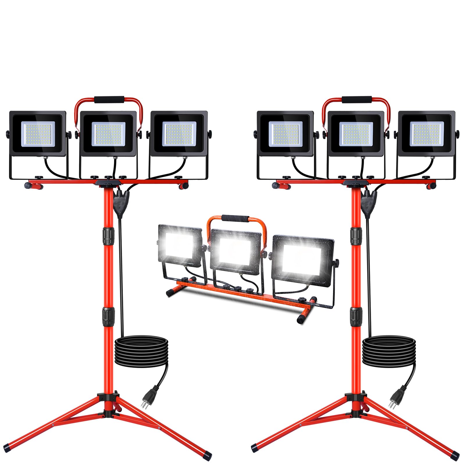 LEDMO 30000LM LED Work Lights with Stand 3 Adjustable Head Led Work Shop Flood Lights Indoor and Outdoor 150W 6000K Portable Tripod IP65 Waterproof